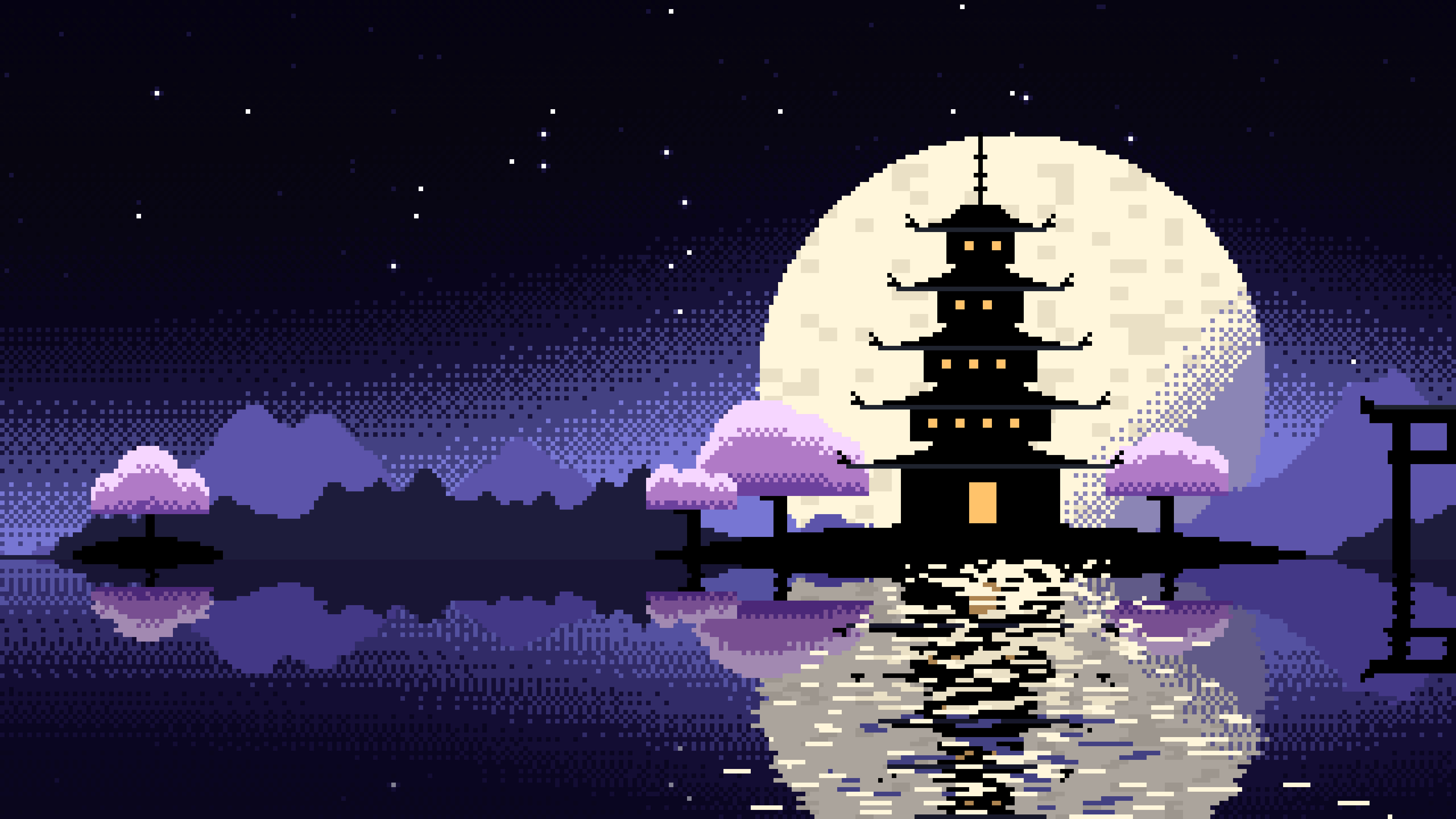 Black Pixel Art Japanese Temple desktop wallpaper in 4K