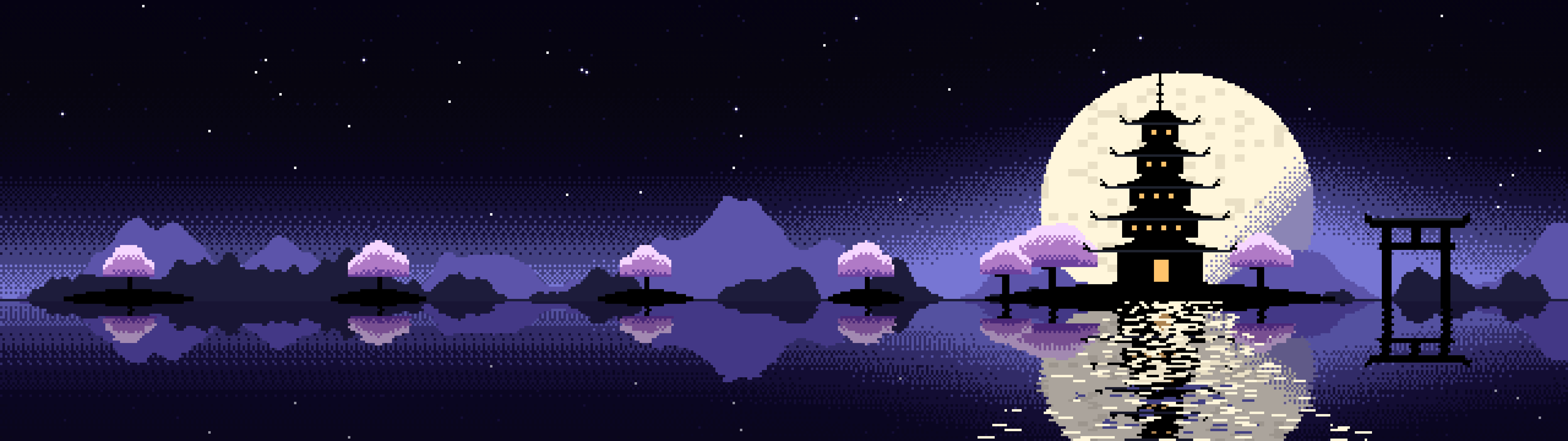 Black Pixel Art Japanese Temple dual monitor wallpaper, 7680 × 2160