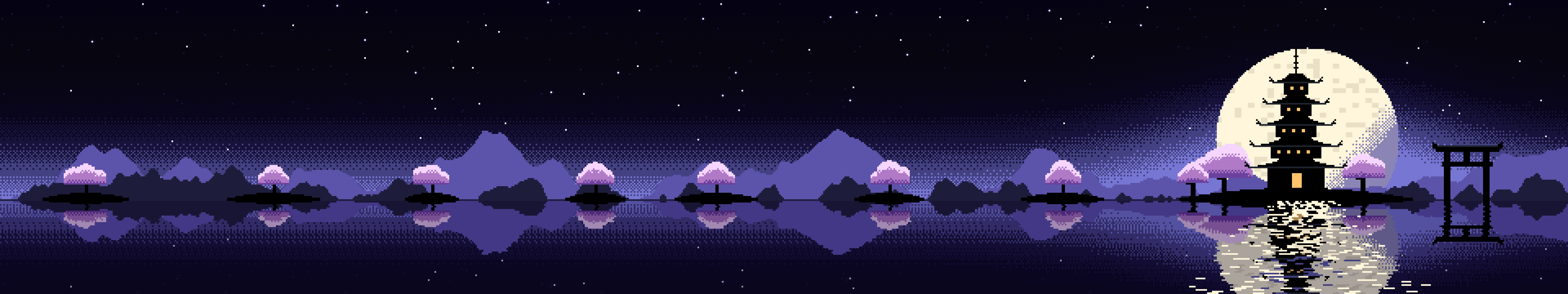 Black Pixel Art Japanese Temple triple monitor wallpaper, 7680 × 1440