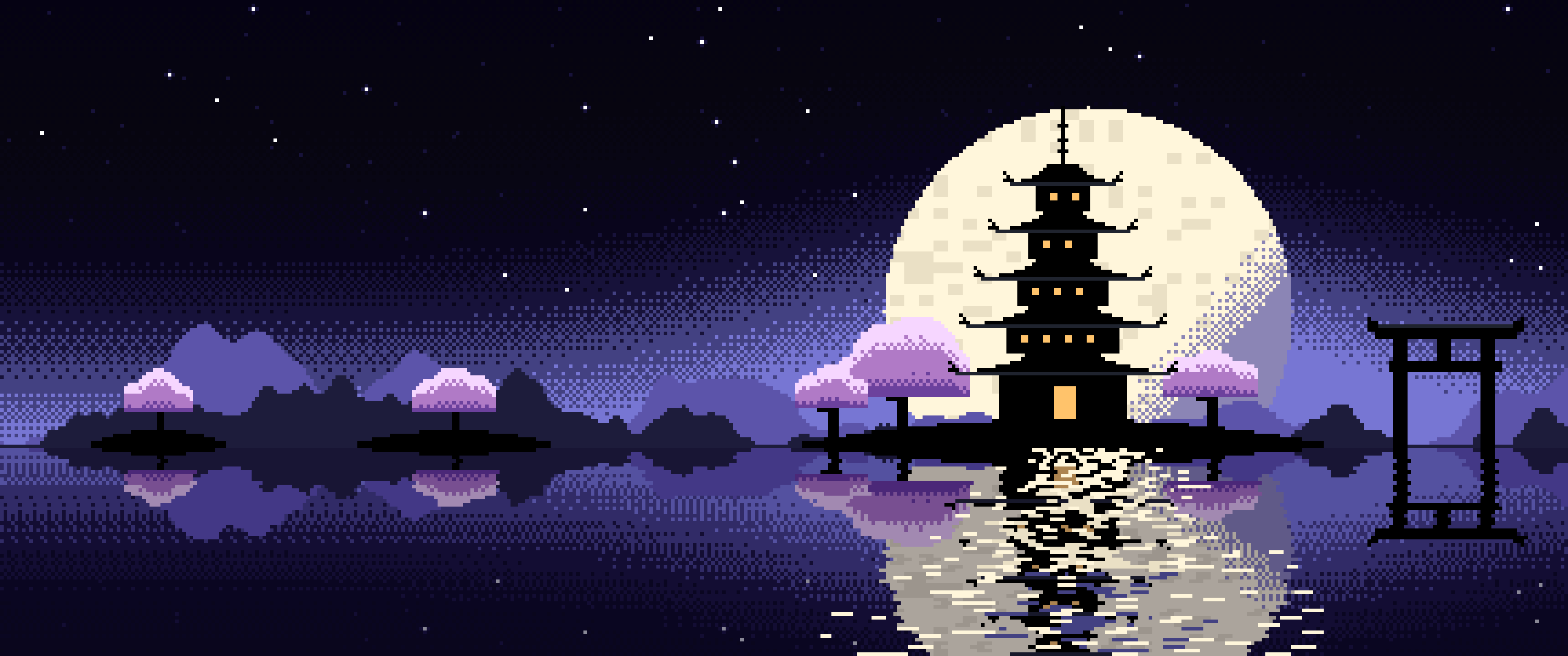 Black Pixel Art Japanese Temple ultrawide wallpaper, 3440 × 1440