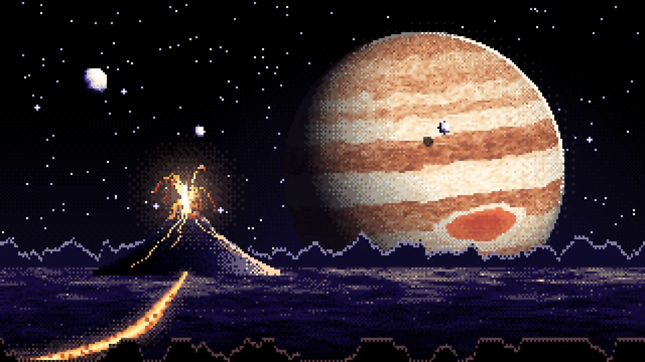 Black Pixel Art Jupiter Over a Molten World desktop wallpaper in 4K