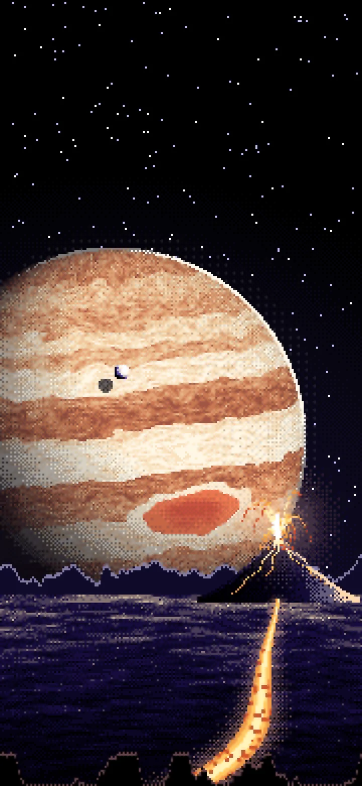 Black Pixel Art Jupiter Over a Molten World wallpaper for iPhone and Android