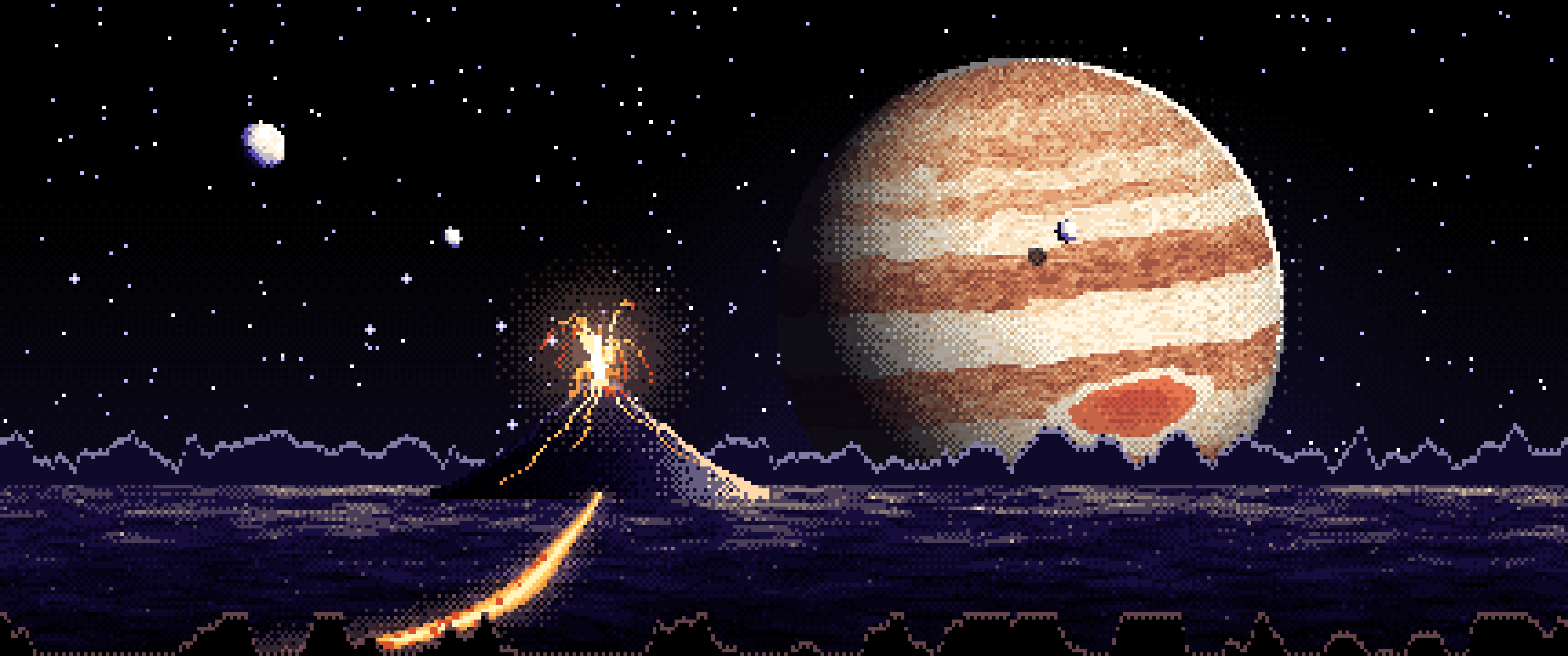 Black Pixel Art Jupiter Over a Molten World ultrawide wallpaper, 3440 × 1440