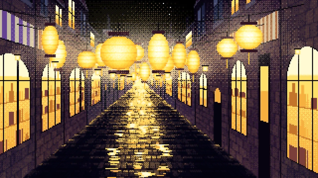 Black Pixel Art Lantern Street at Night desktop wallpaper in 4K