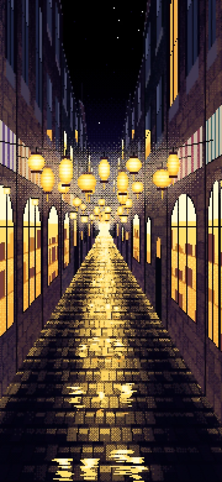 Black Pixel Art Lantern Street at Night wallpaper for iPhone and Android