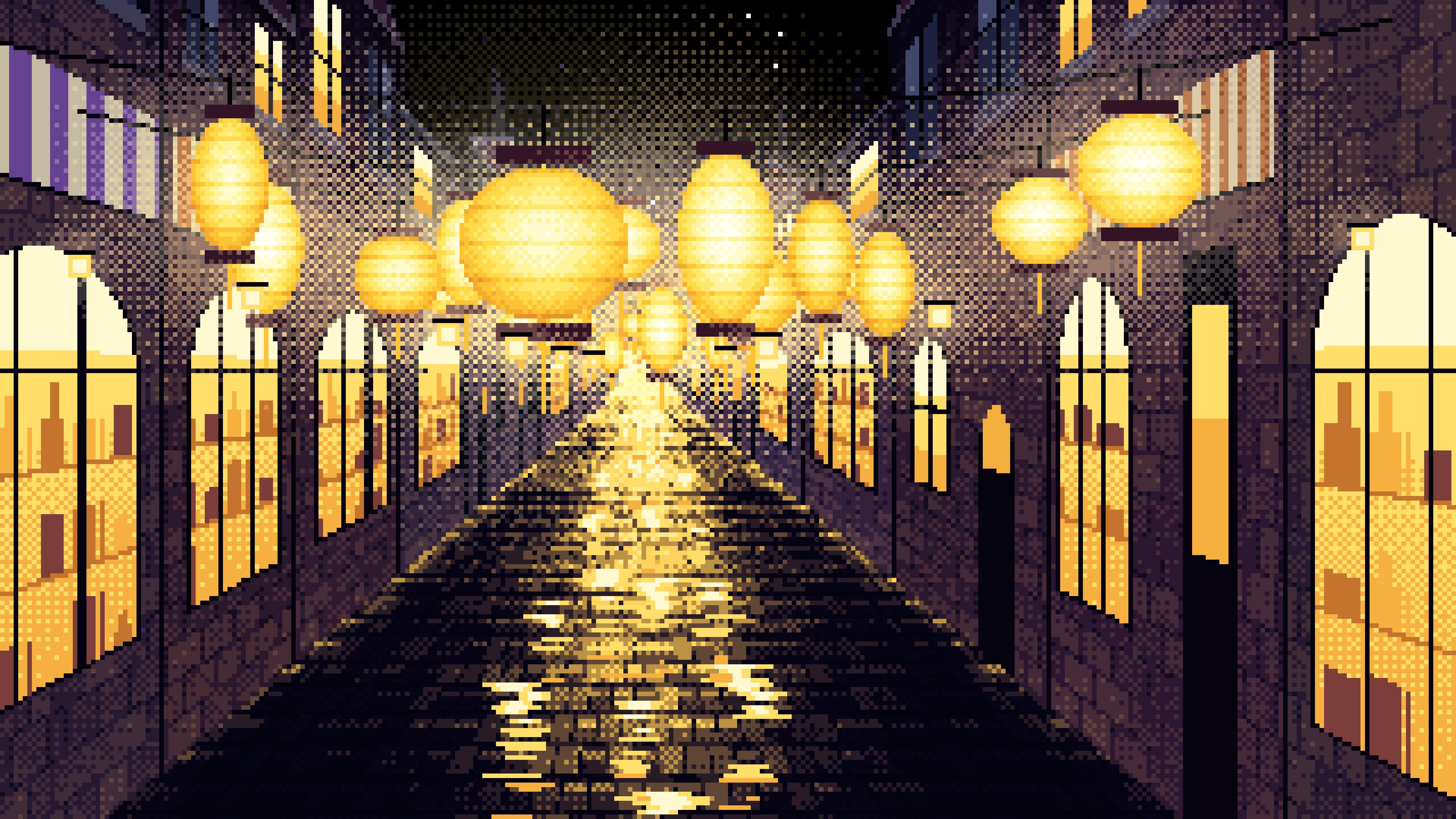 Black Pixel Art Lantern Street at Night desktop wallpaper in 4K
