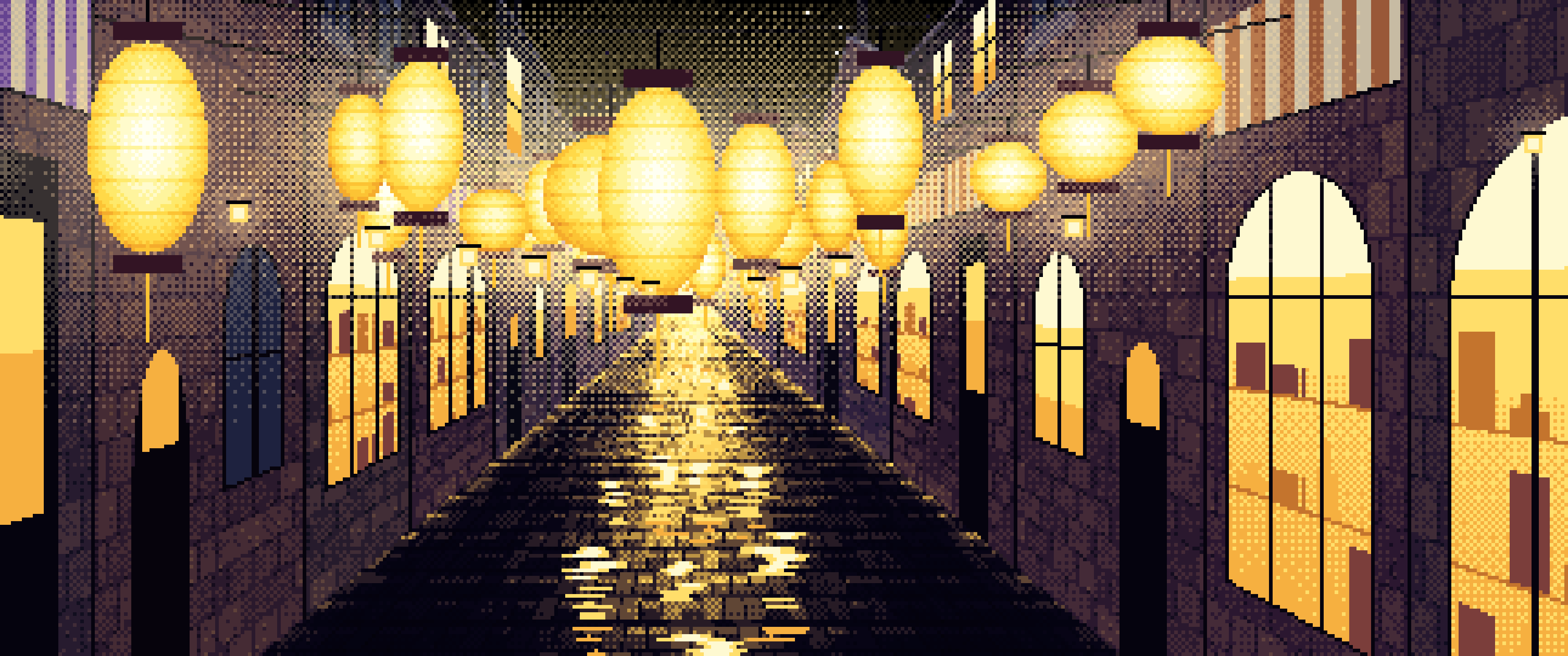 Black Pixel Art Lantern Street at Night ultrawide wallpaper, 3440 × 1440
