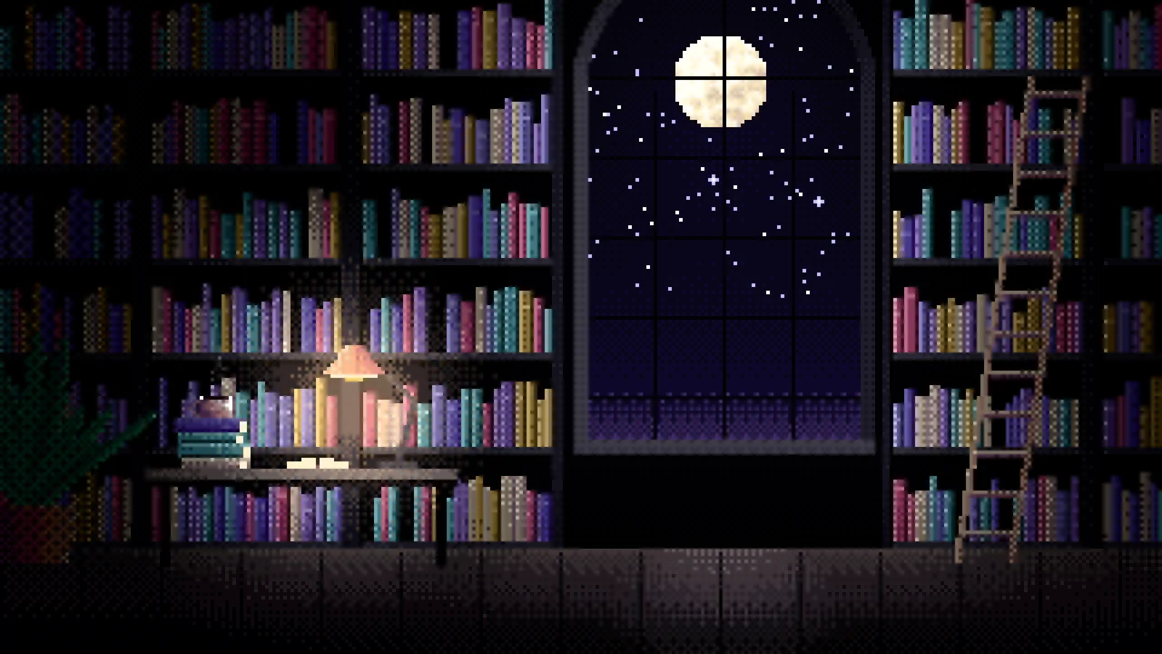 Black Pixel Art Library desktop wallpaper in 4K
