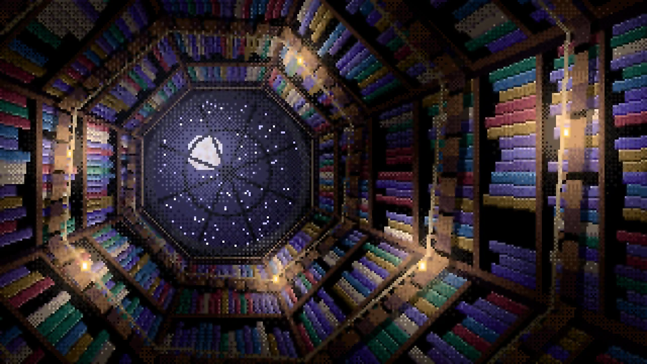 Black Pixel Art Library Tower Staircase desktop wallpaper in 4K