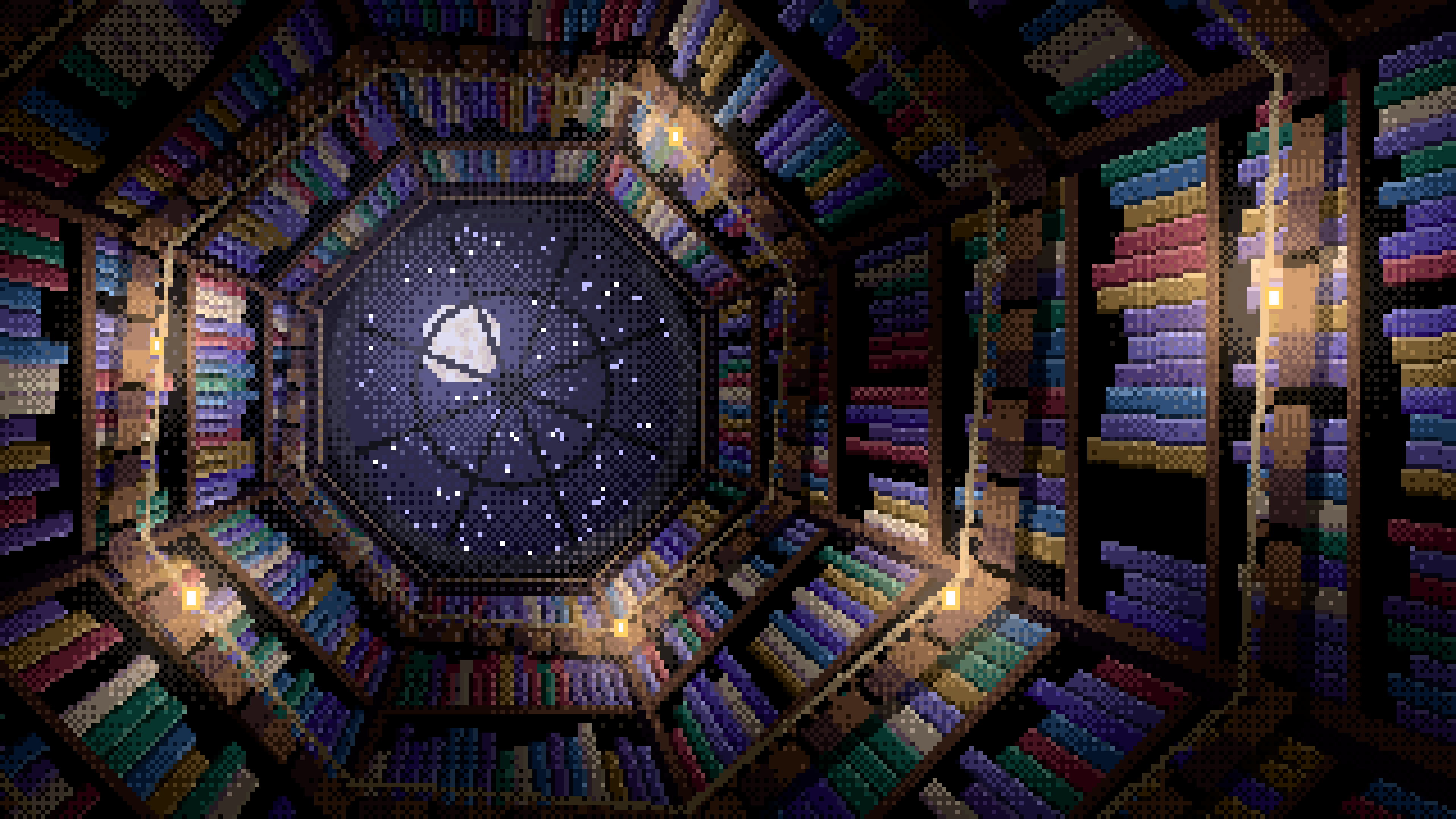 Black Pixel Art Library Tower Staircase desktop wallpaper in 4K