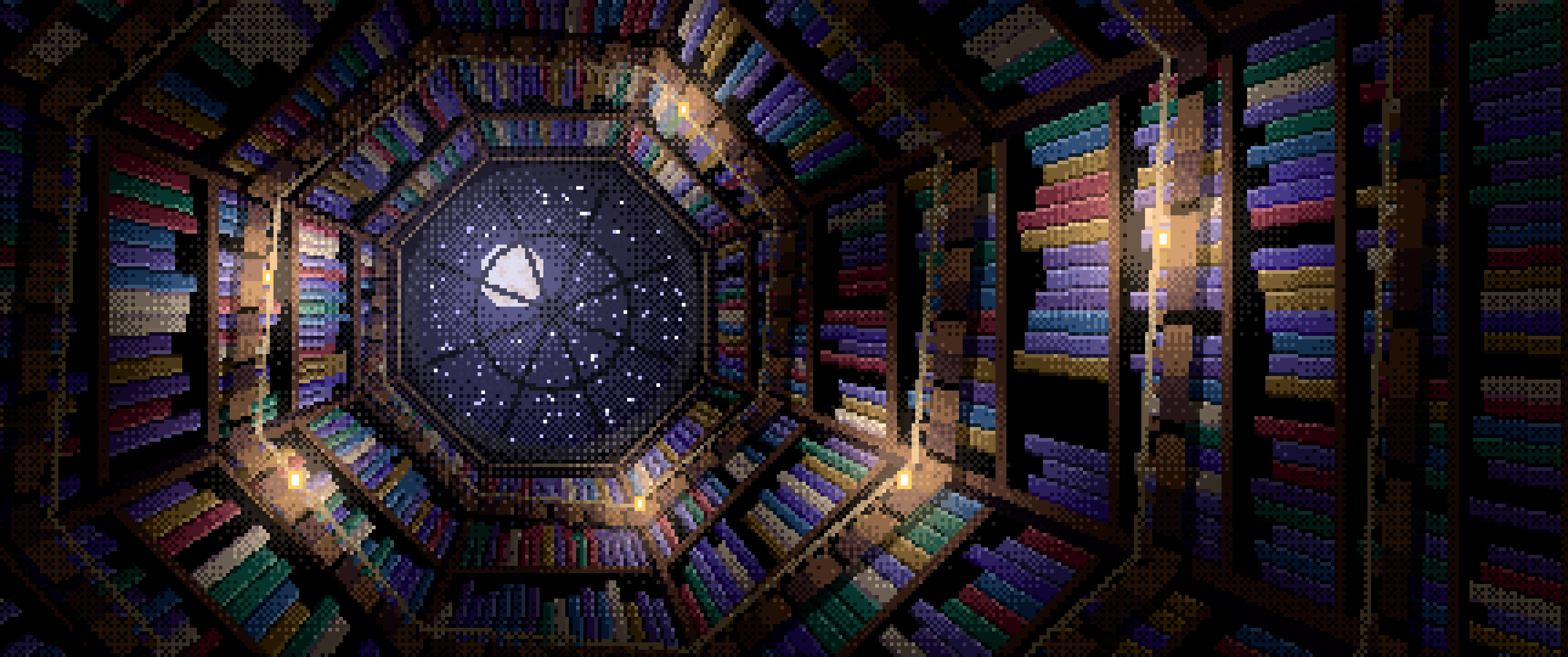 Black Pixel Art Library Tower Staircase ultrawide wallpaper, 3440 × 1440