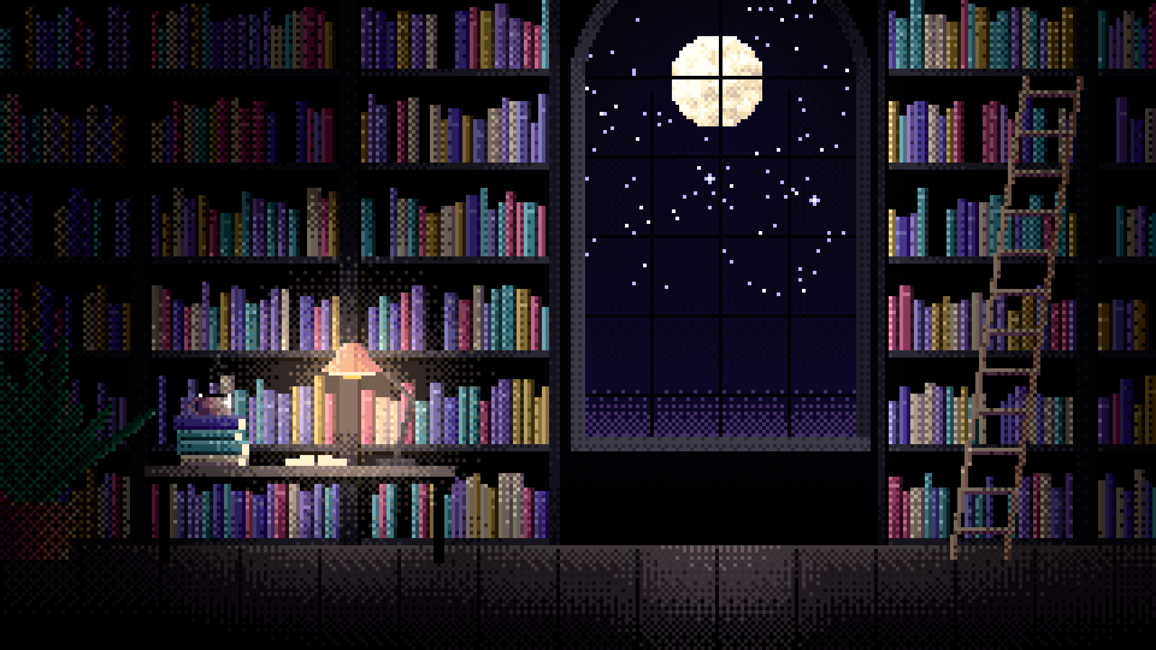 Black Pixel Art Library desktop wallpaper in 4K