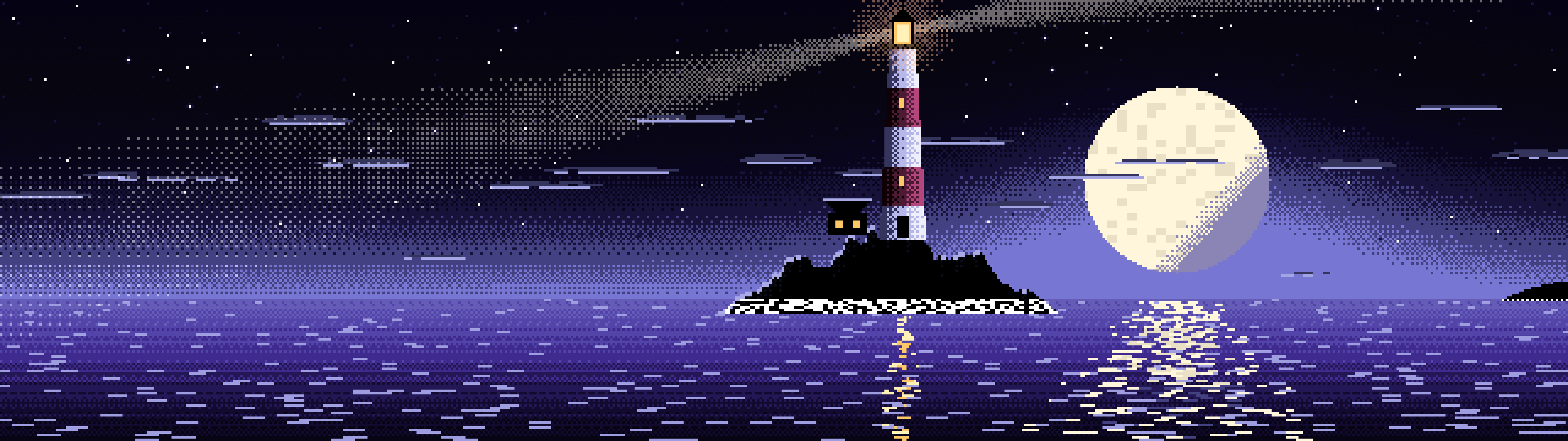 Black Pixel Art Lighthouse dual monitor wallpaper, 7680 × 2160