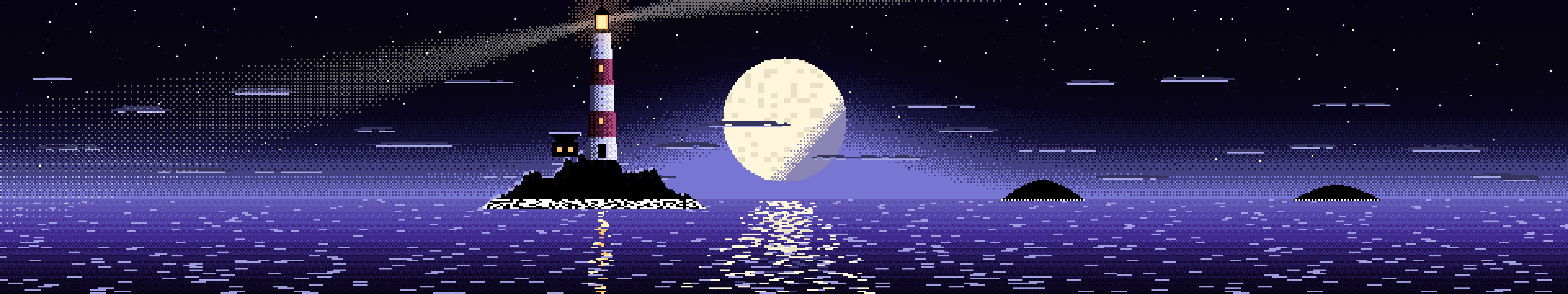 Black Pixel Art Lighthouse triple monitor wallpaper, 7680 × 1440