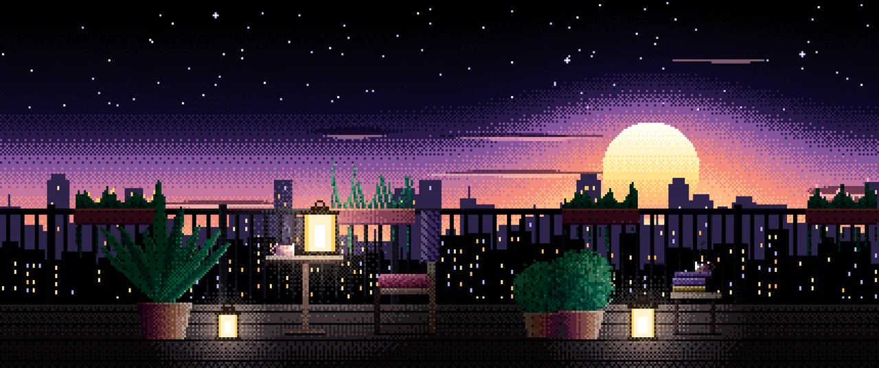 Black Pixel Art Lofi Balcony at Dusk ultrawide wallpaper, 3440 × 1440