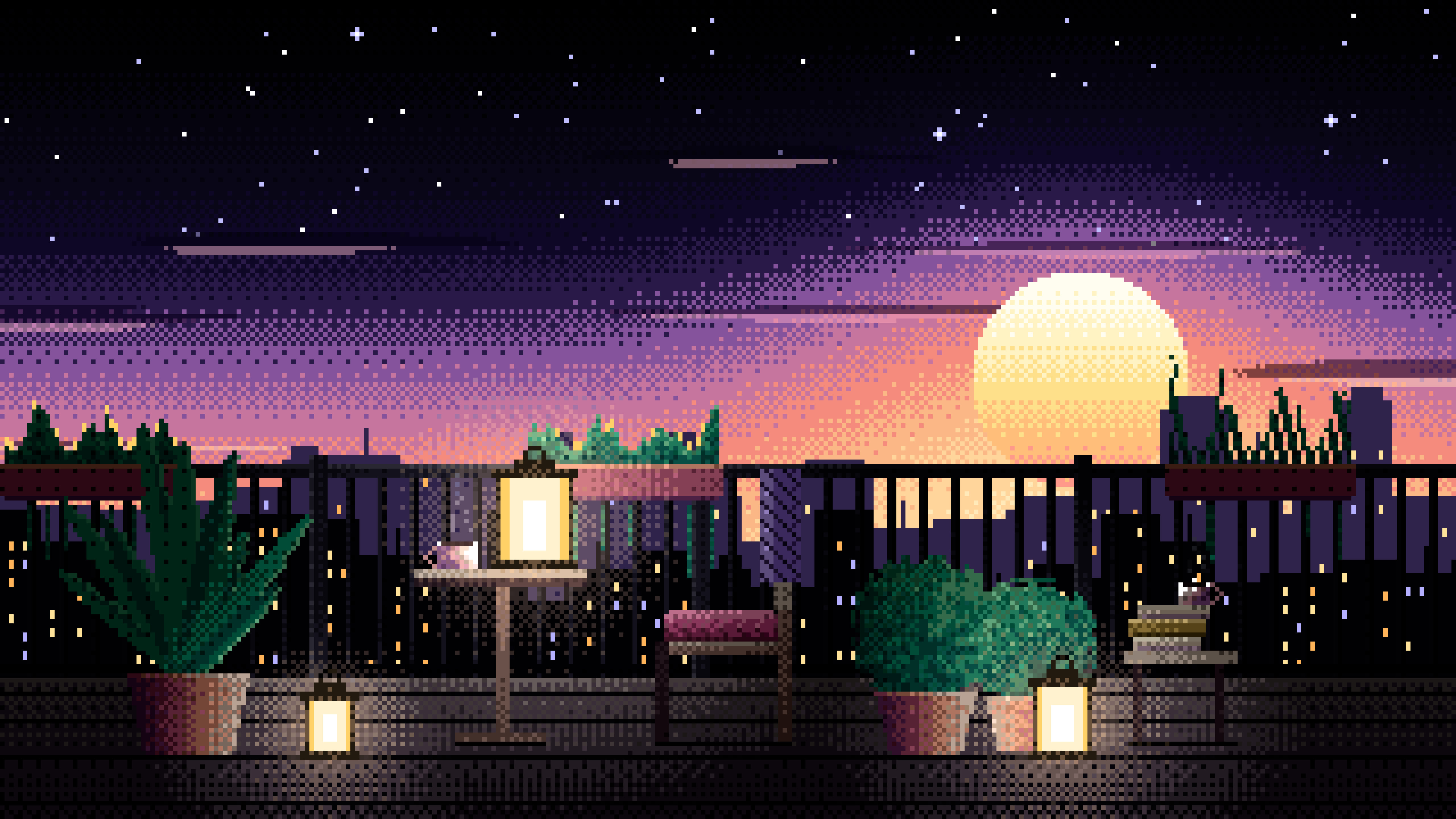 Black Pixel Art Lofi Balcony at Dusk desktop wallpaper in 4K