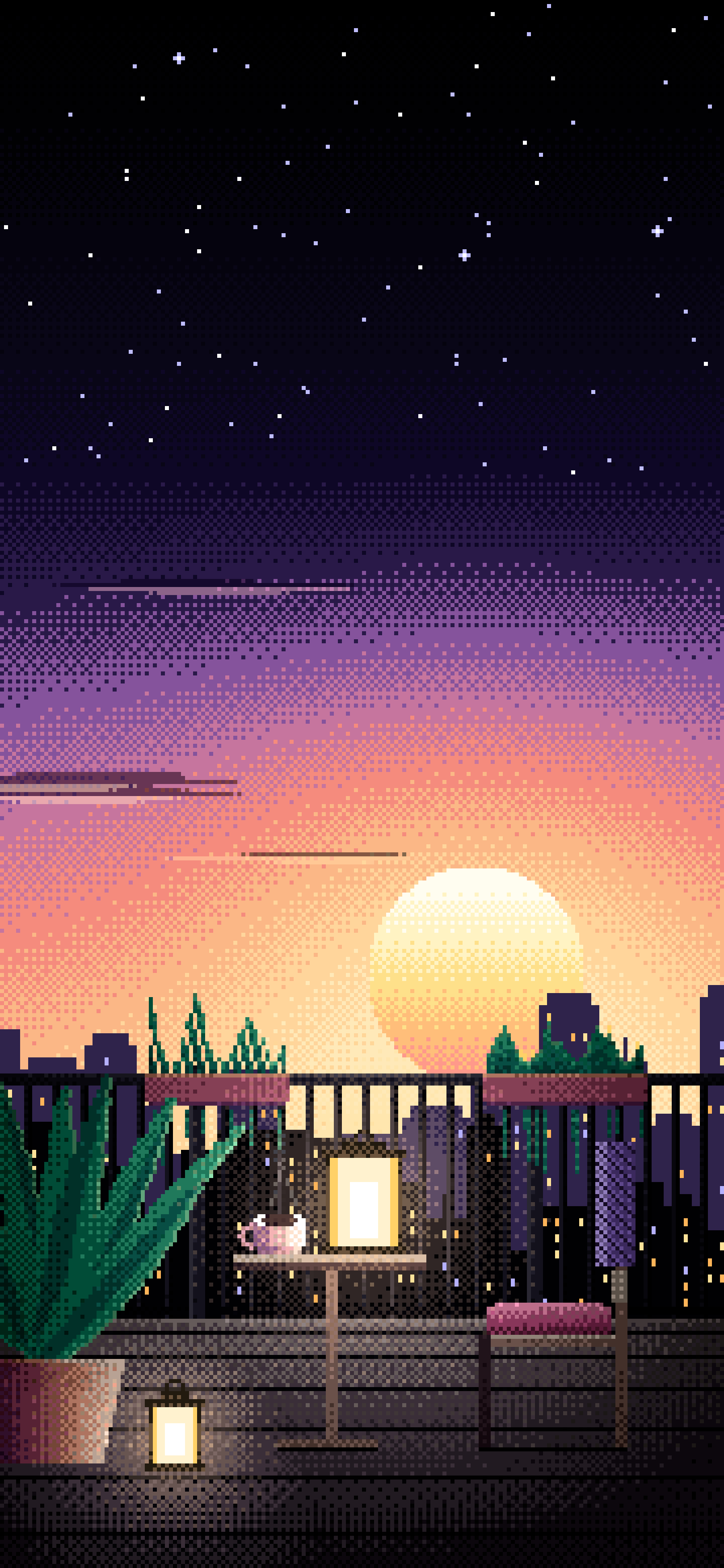 Black Pixel Art Lofi Balcony at Dusk wallpaper for iPhone and Android
