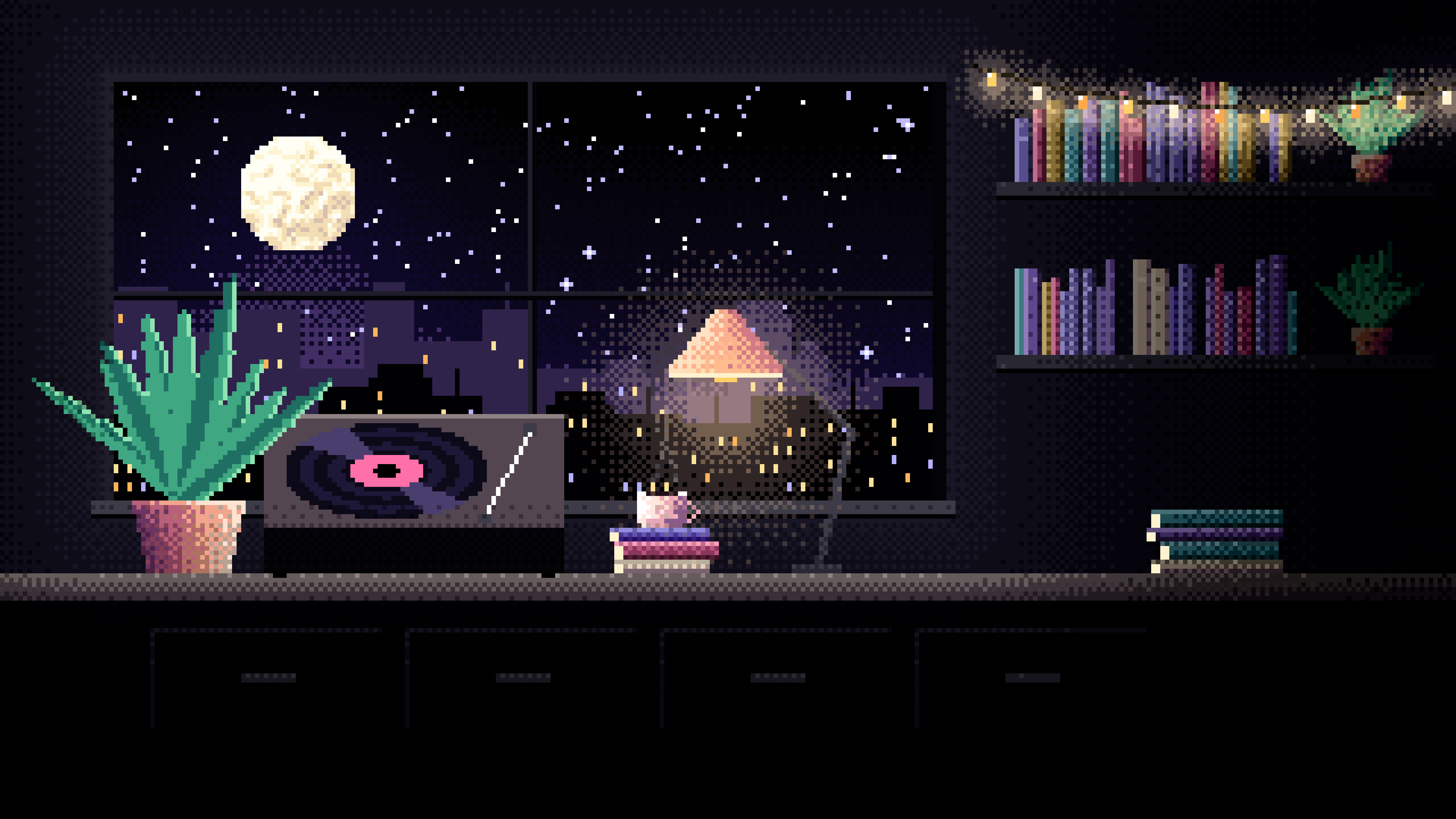 Black Pixel Art Lofi Room desktop wallpaper in 4K