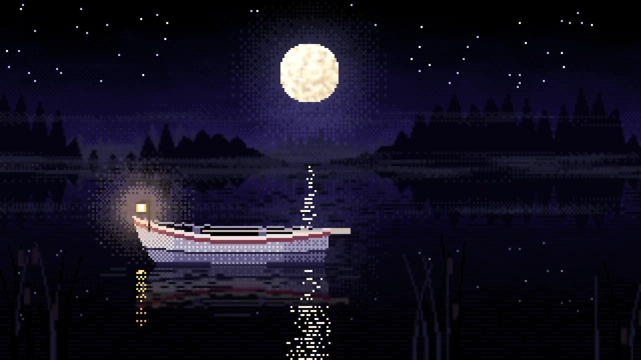 Black Pixel Art Lonely Rowboat on a Foggy Lake desktop wallpaper in 4K