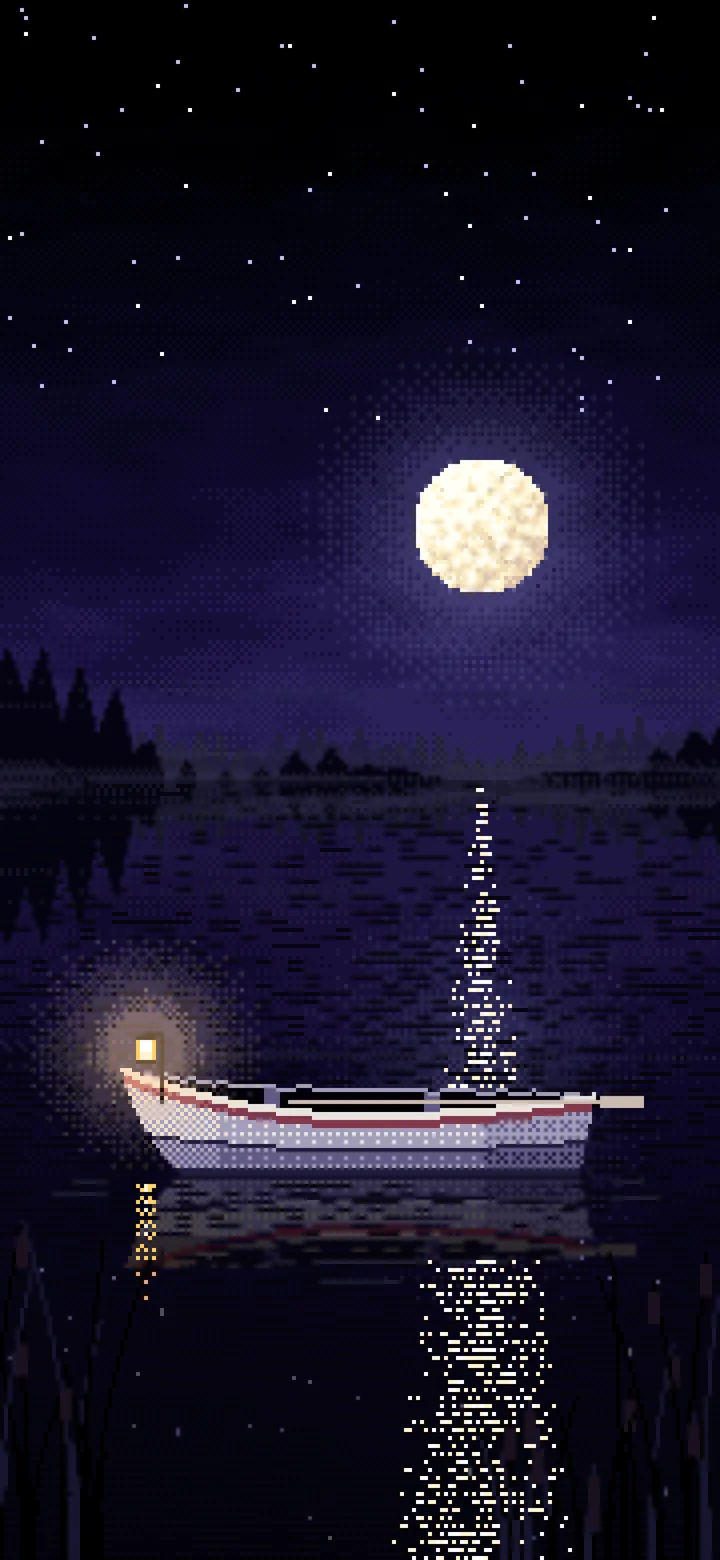 Black Pixel Art Lonely Rowboat on a Foggy Lake wallpaper for iPhone and Android