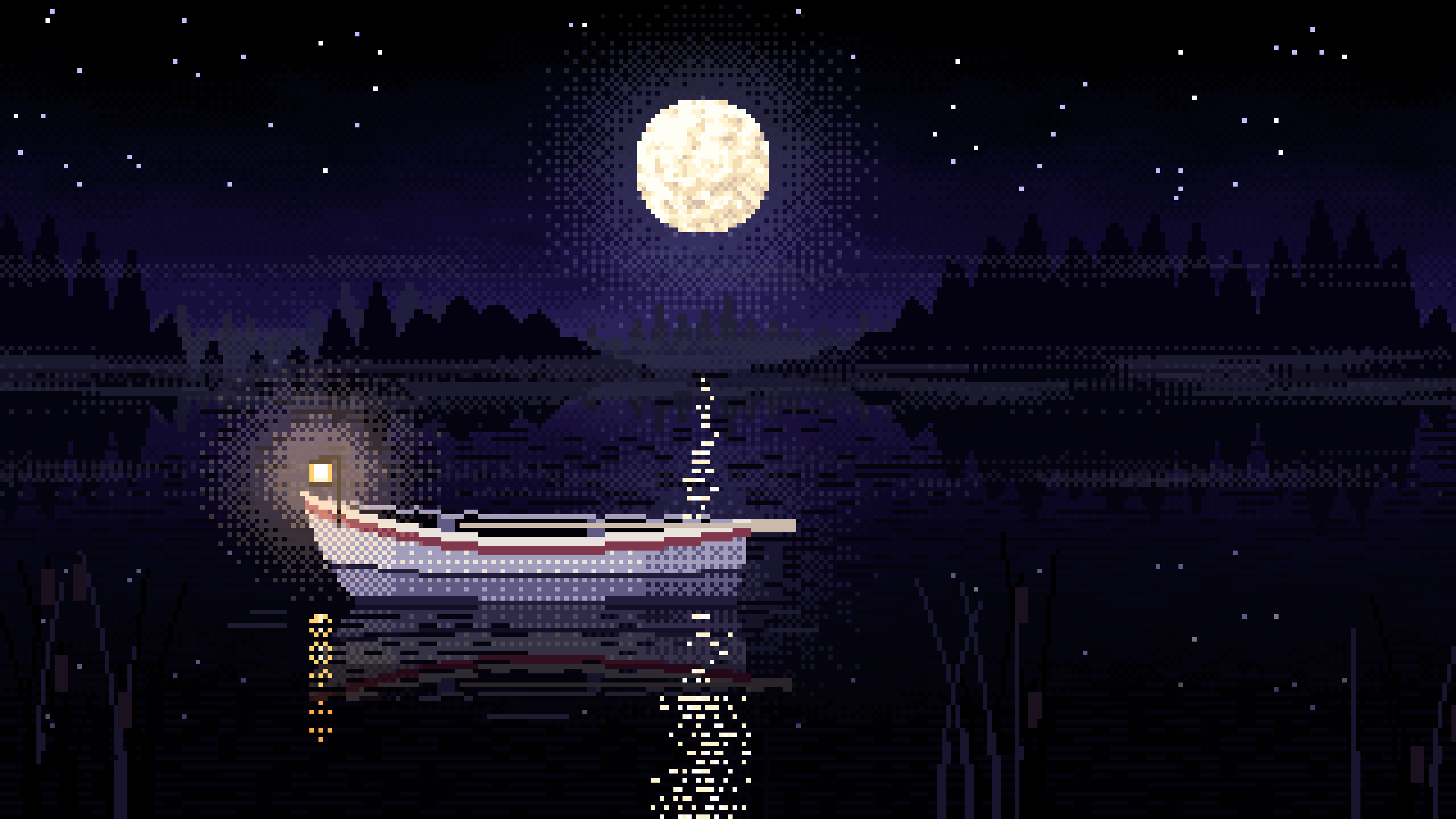 Black Pixel Art Lonely Rowboat on a Foggy Lake desktop wallpaper in 4K