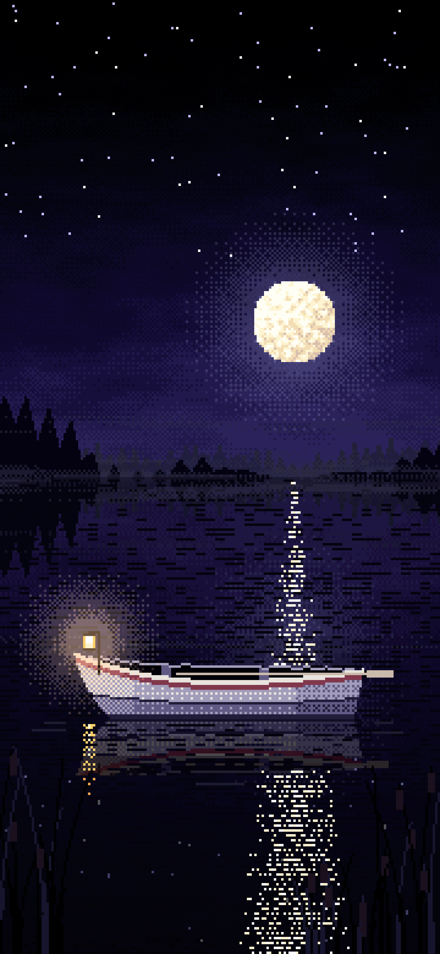 Black Pixel Art Lonely Rowboat on a Foggy Lake wallpaper for iPhone and Android