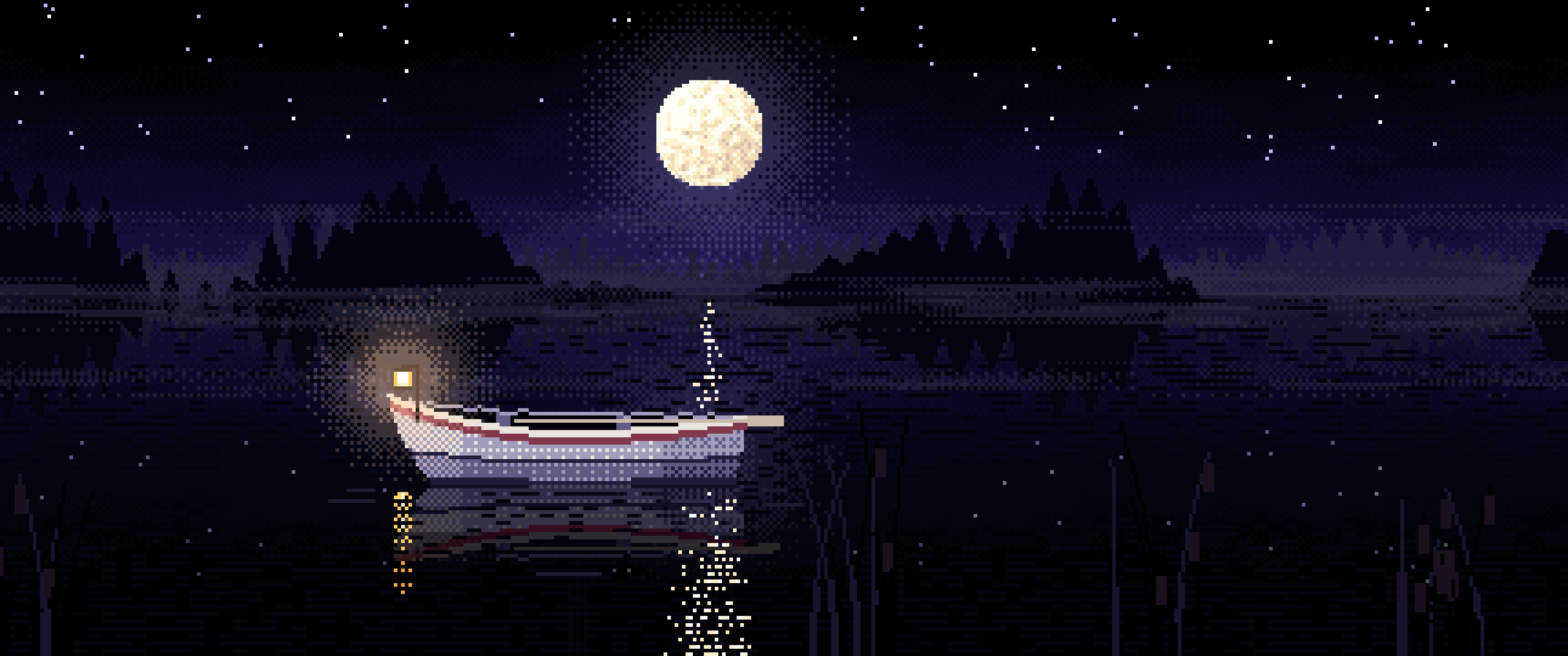 Black Pixel Art Lonely Rowboat on a Foggy Lake ultrawide wallpaper, 3440 × 1440