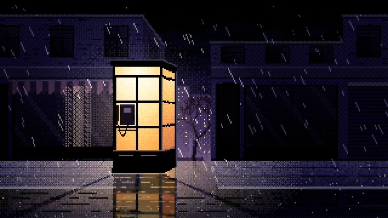 Black Pixel Art Lonely Telephone Box at Night desktop wallpaper in 4K