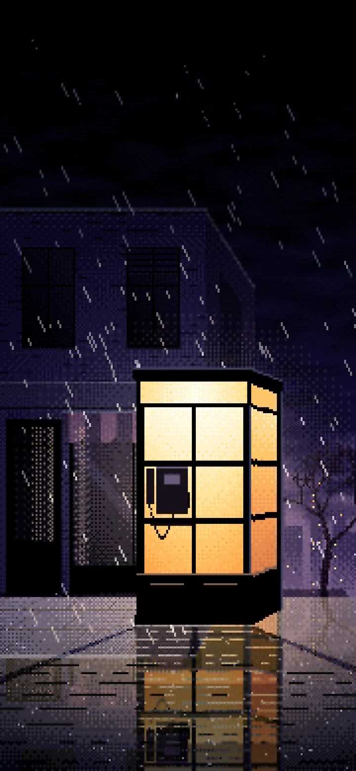 Black Pixel Art Lonely Telephone Box at Night wallpaper for iPhone and Android