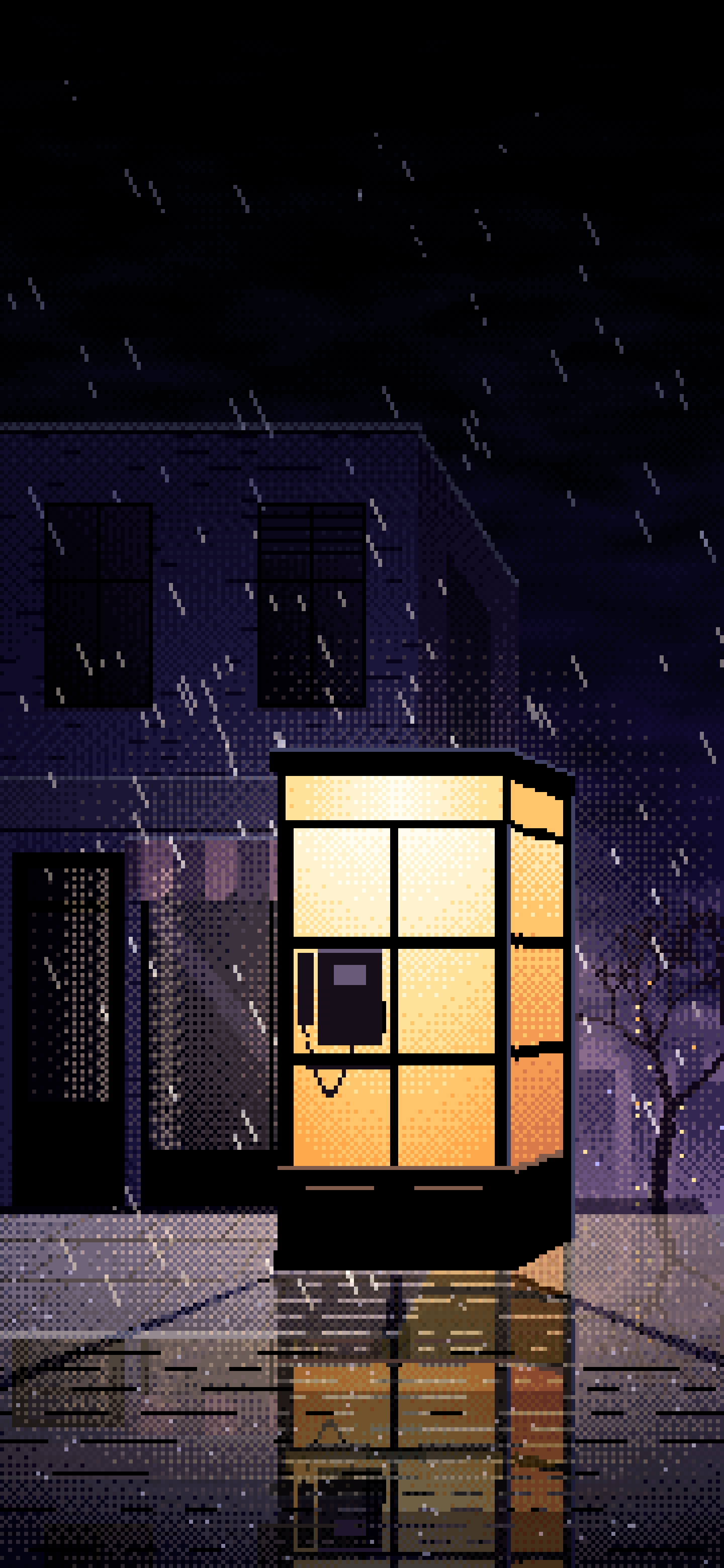 Black Pixel Art Lonely Telephone Box at Night wallpaper for iPhone and Android