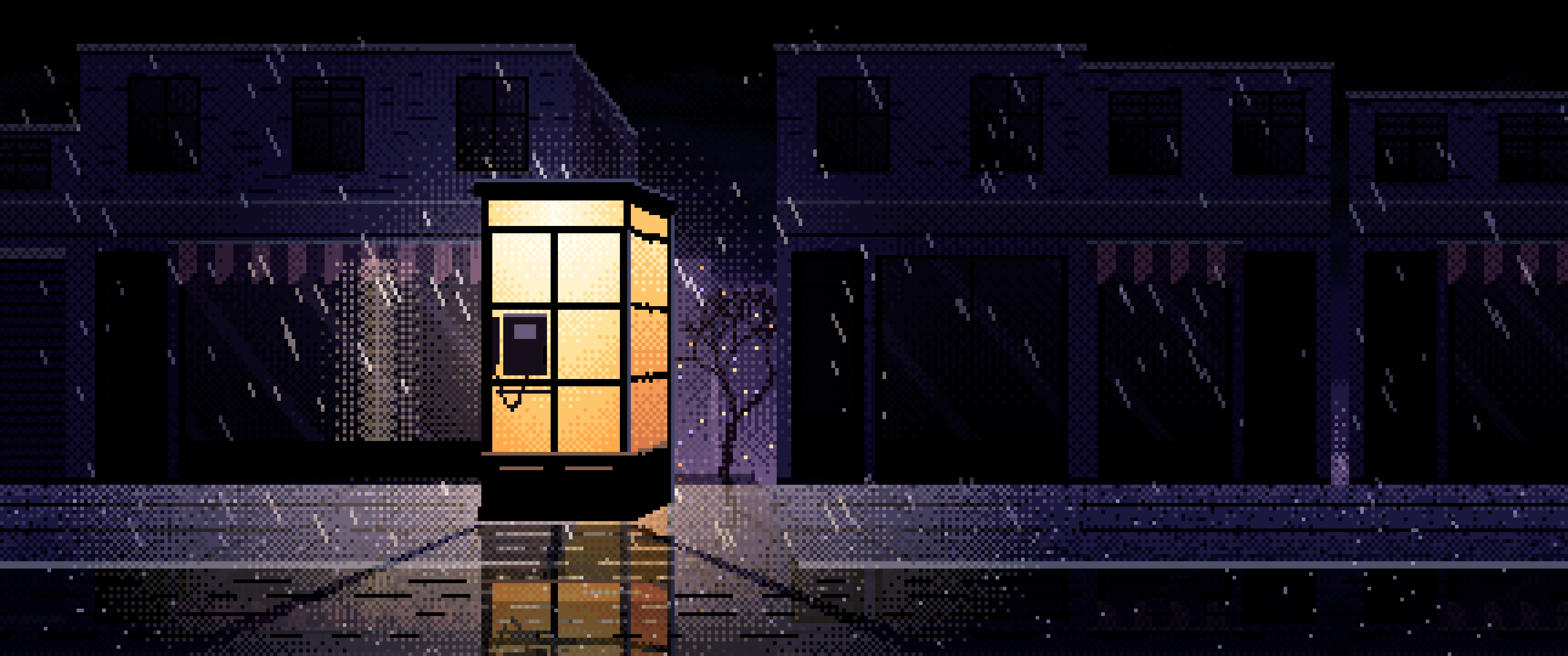 Black Pixel Art Lonely Telephone Box at Night ultrawide wallpaper, 3440 × 1440