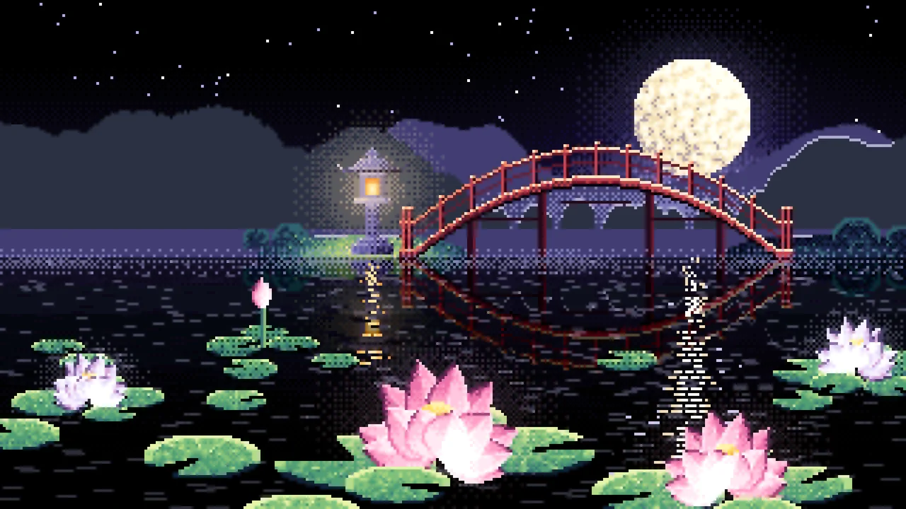 Black Pixel Art Lotus Pond at Night desktop wallpaper in 4K