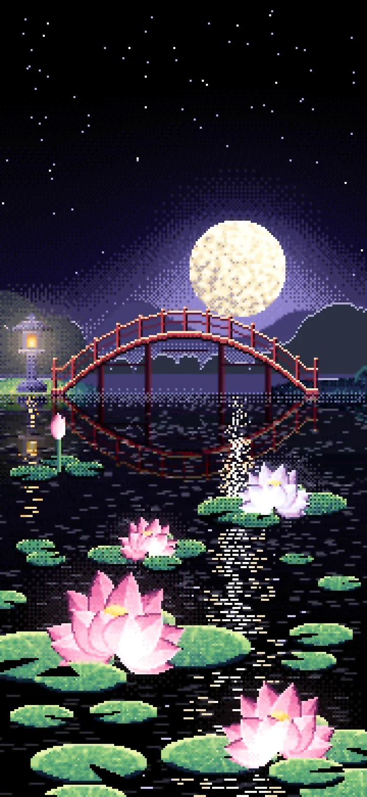 Black Pixel Art Lotus Pond at Night wallpaper for iPhone and Android