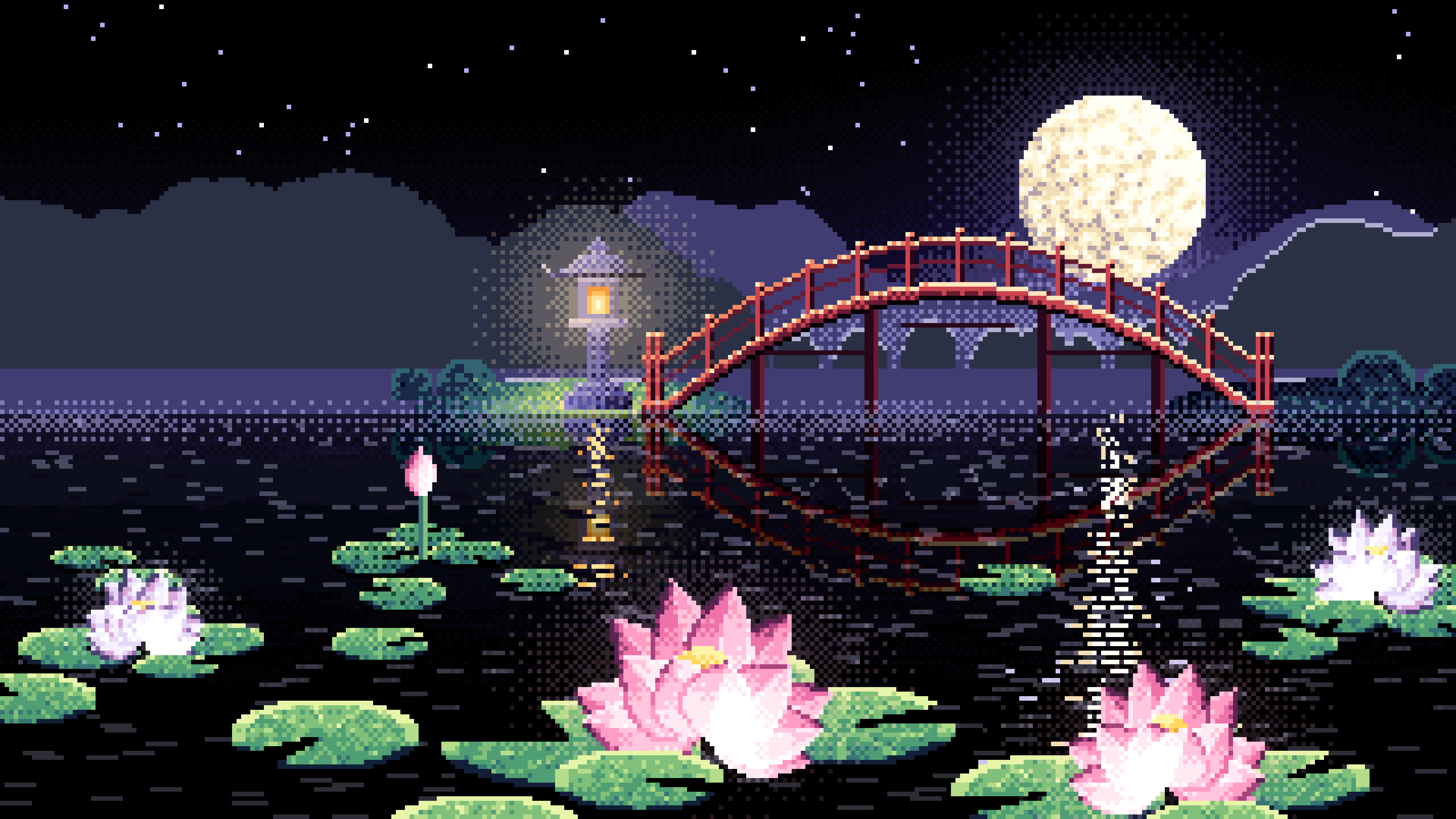 Black Pixel Art Lotus Pond at Night desktop wallpaper in 4K