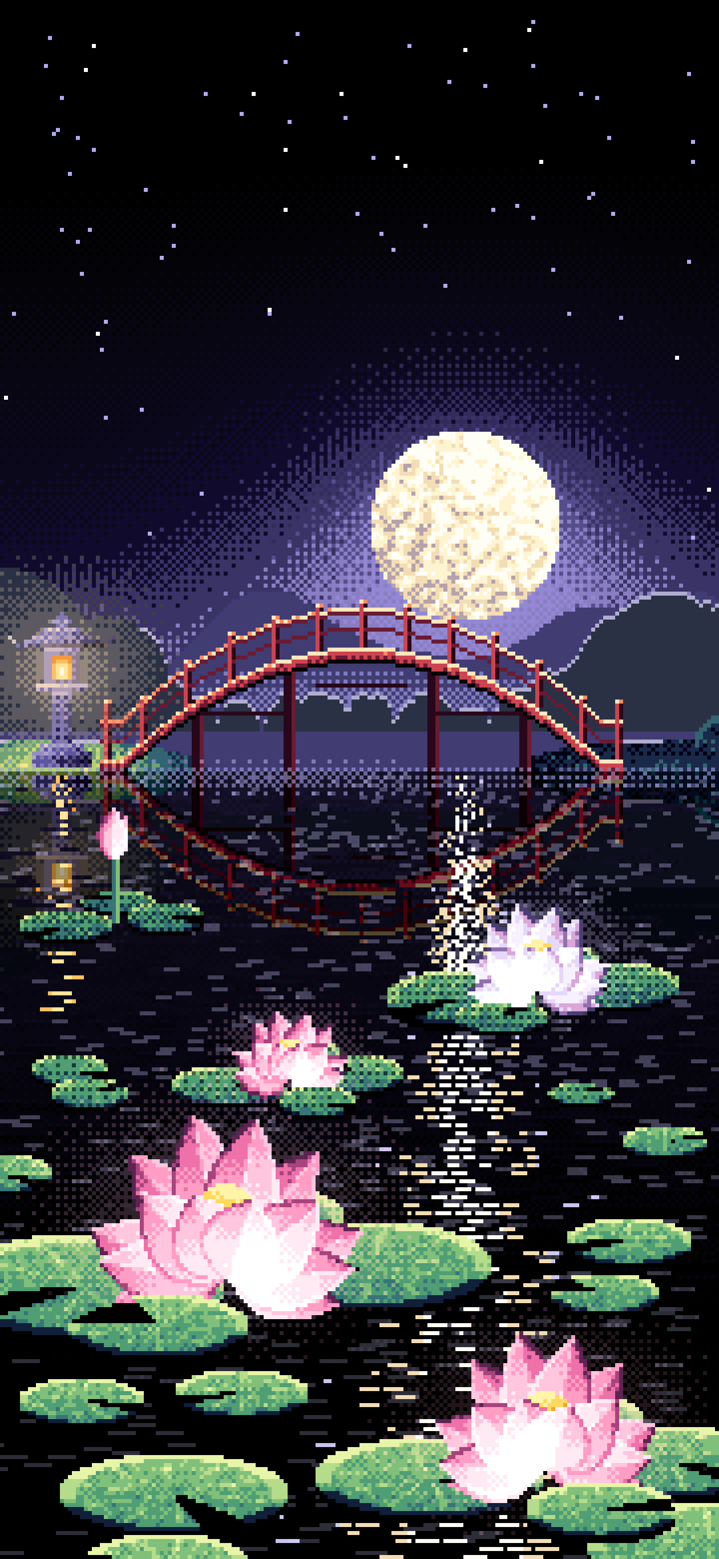 Black Pixel Art Lotus Pond at Night wallpaper for iPhone and Android