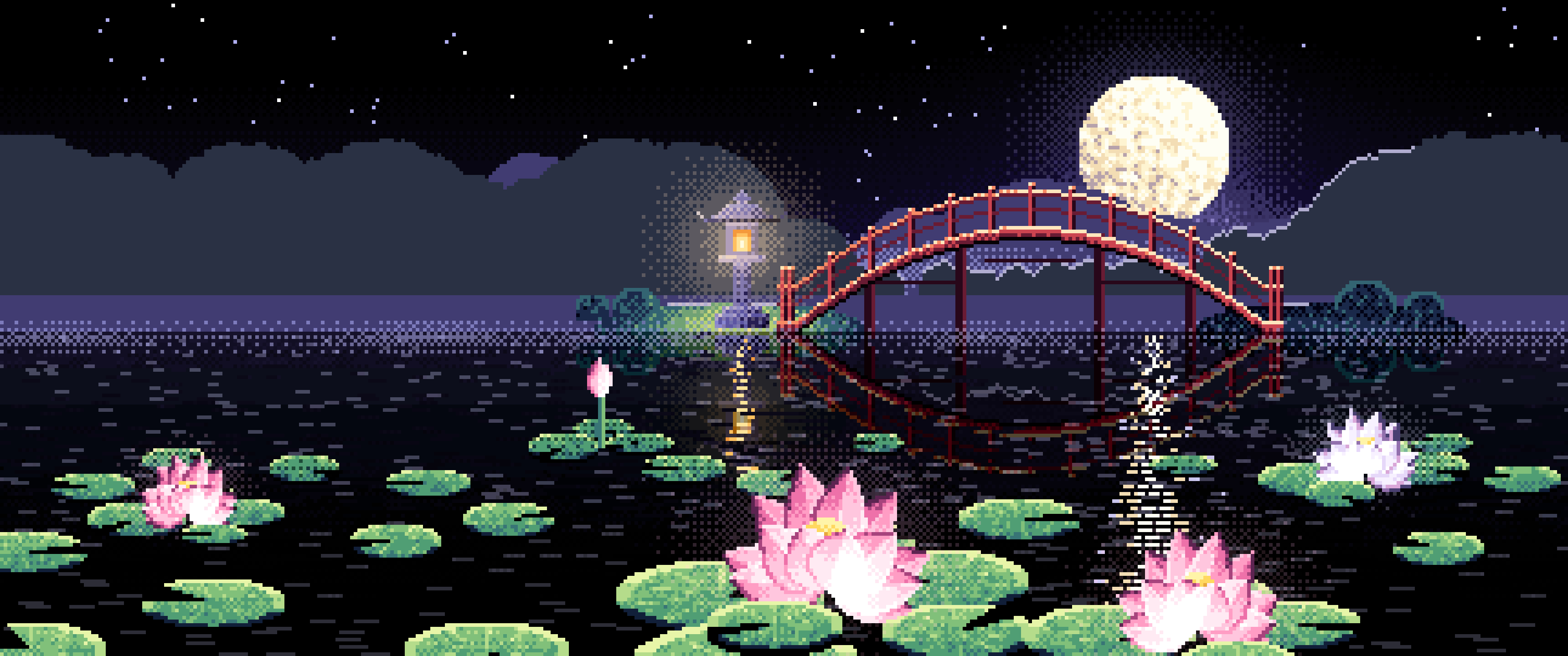 Black Pixel Art Lotus Pond at Night ultrawide wallpaper, 3440 × 1440