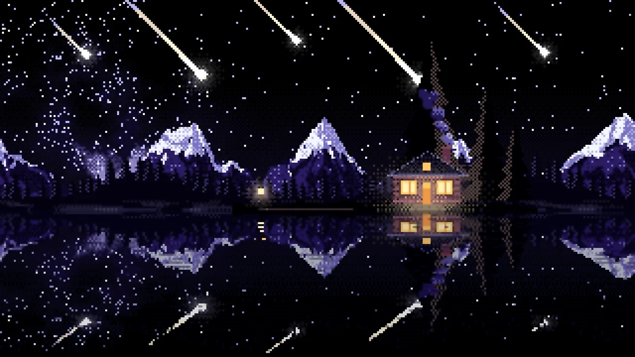 Black Pixel Art Meteor Shower over a Lake desktop wallpaper in 4K