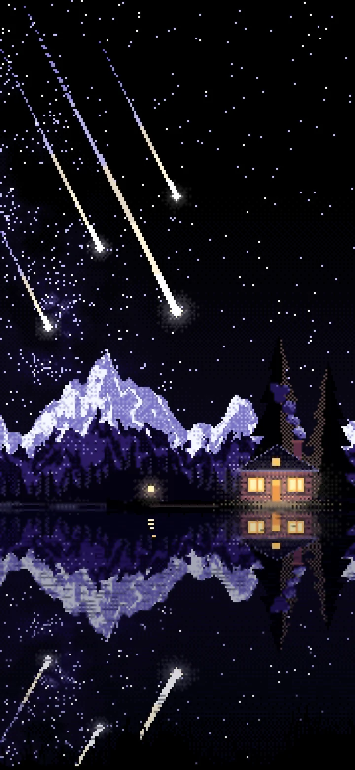 Black Pixel Art Meteor Shower over a Lake wallpaper for iPhone and Android