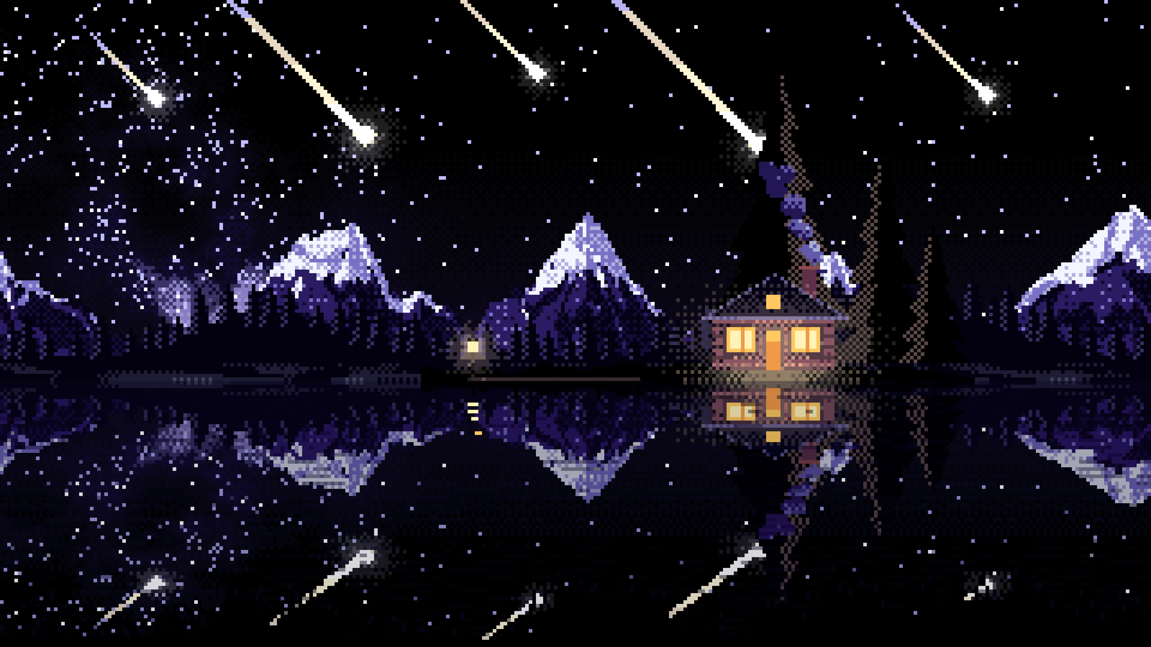 Black Pixel Art Meteor Shower over a Lake desktop wallpaper in 4K