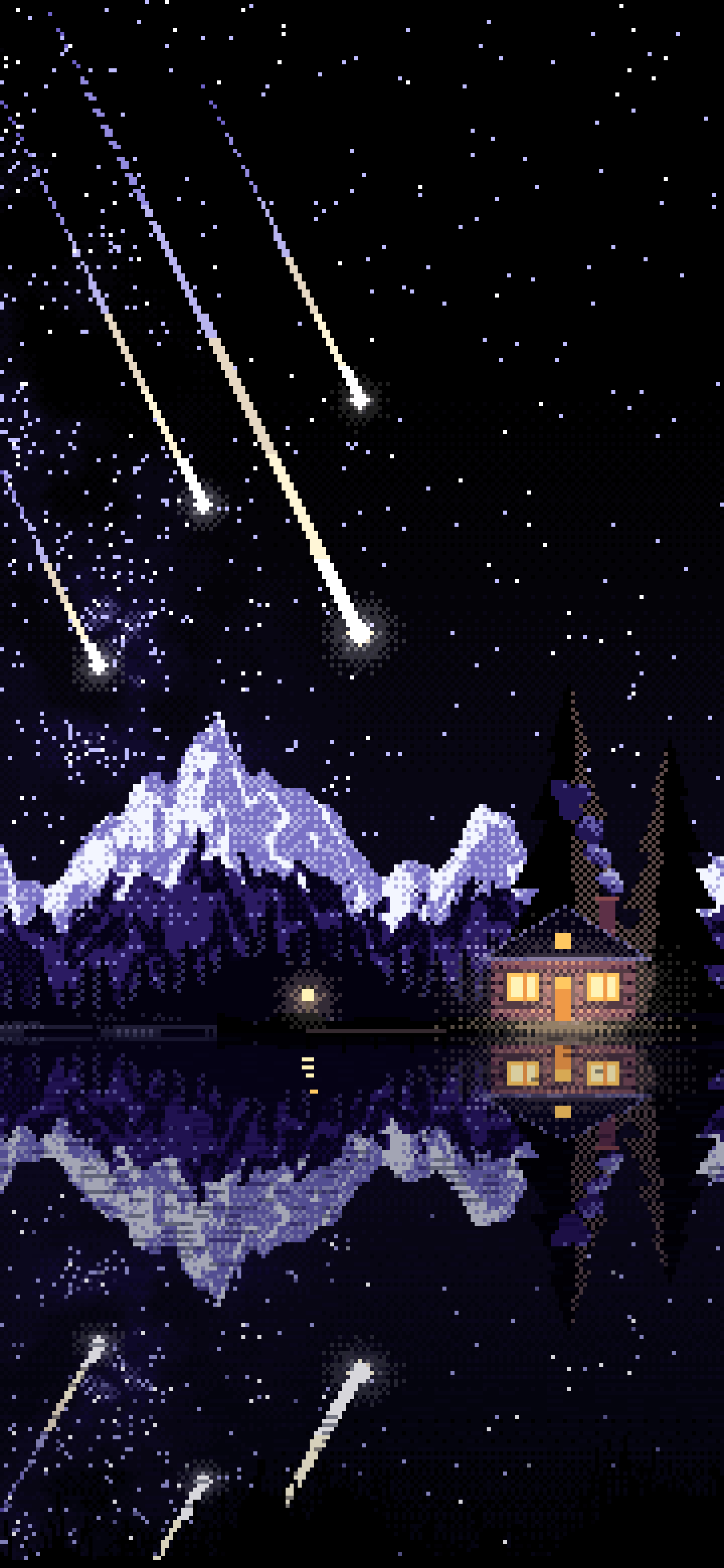 Black Pixel Art Meteor Shower over a Lake wallpaper for iPhone and Android