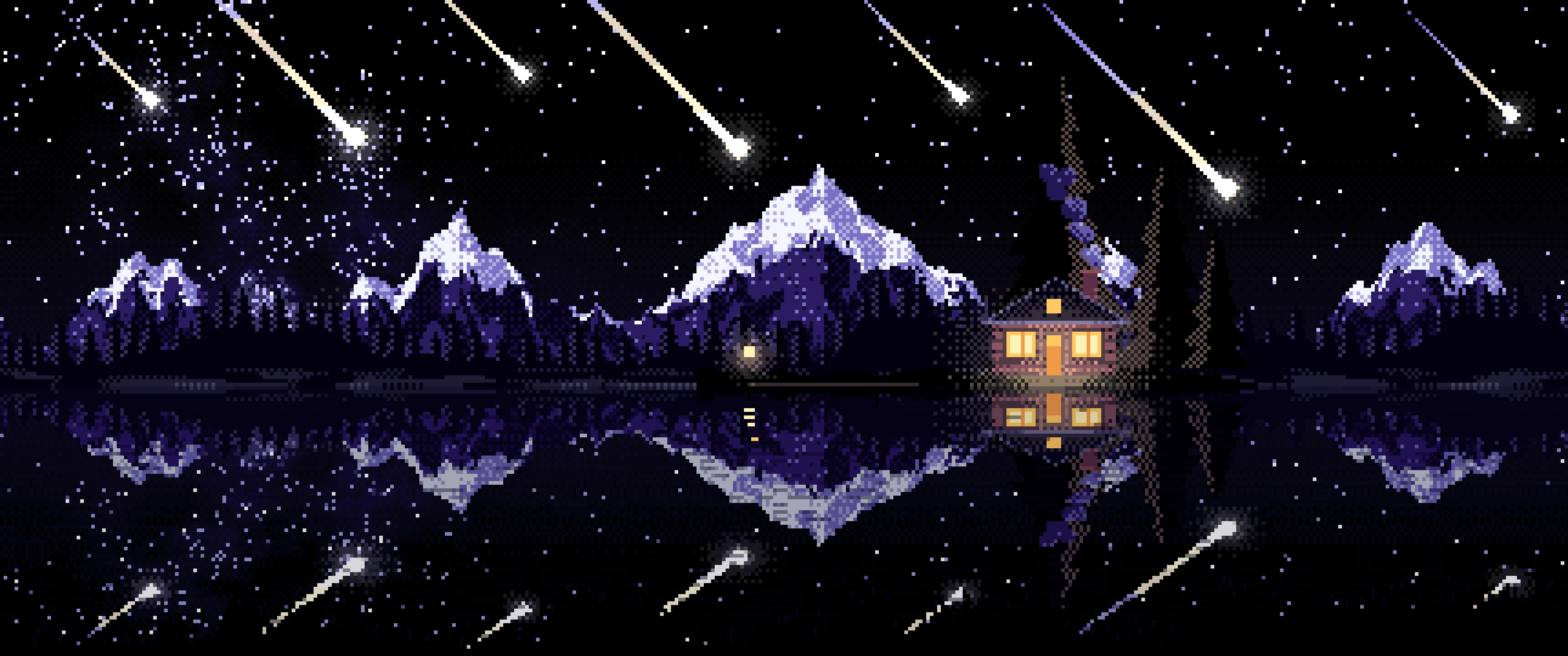 Black Pixel Art Meteor Shower over a Lake ultrawide wallpaper, 3440 × 1440
