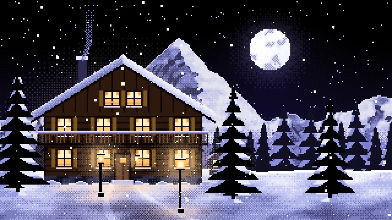 Black Pixel Art Mountain Lodge at Night desktop wallpaper in 4K