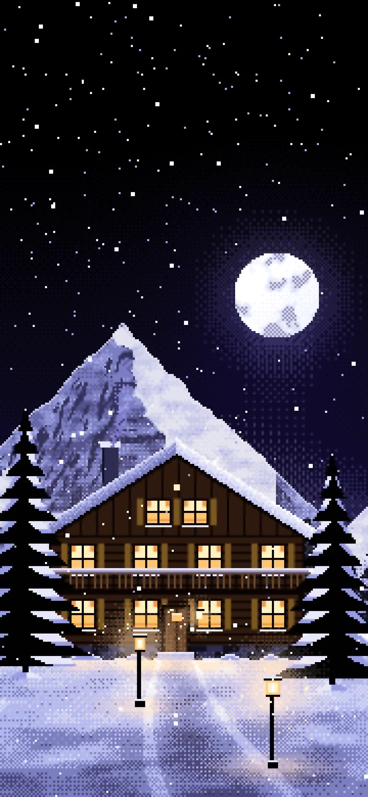 Black Pixel Art Mountain Lodge at Night wallpaper for iPhone and Android