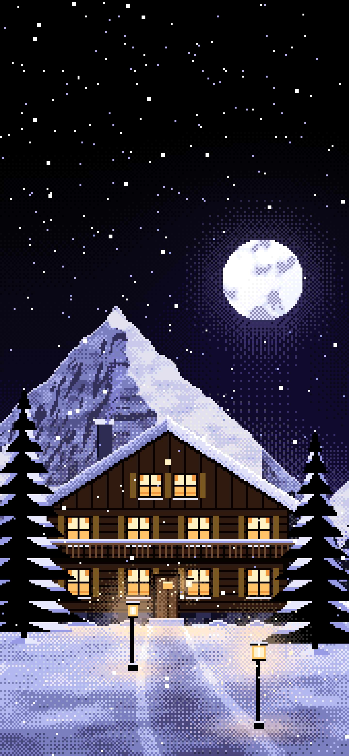 Black Pixel Art Mountain Lodge at Night wallpaper for iPhone and Android