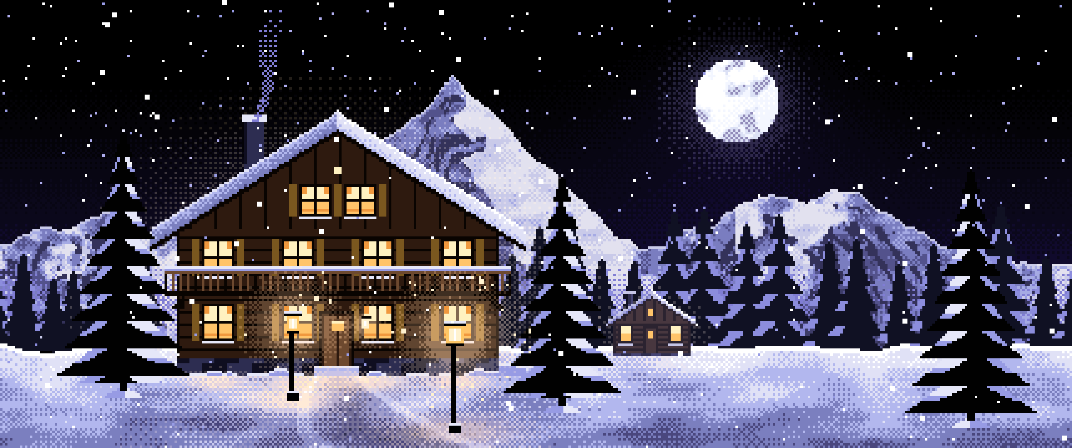 Black Pixel Art Mountain Lodge at Night ultrawide wallpaper, 3440 × 1440