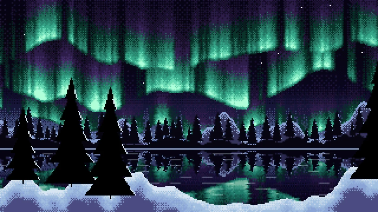 Black Pixel Art Northern Lights desktop wallpaper in 4K