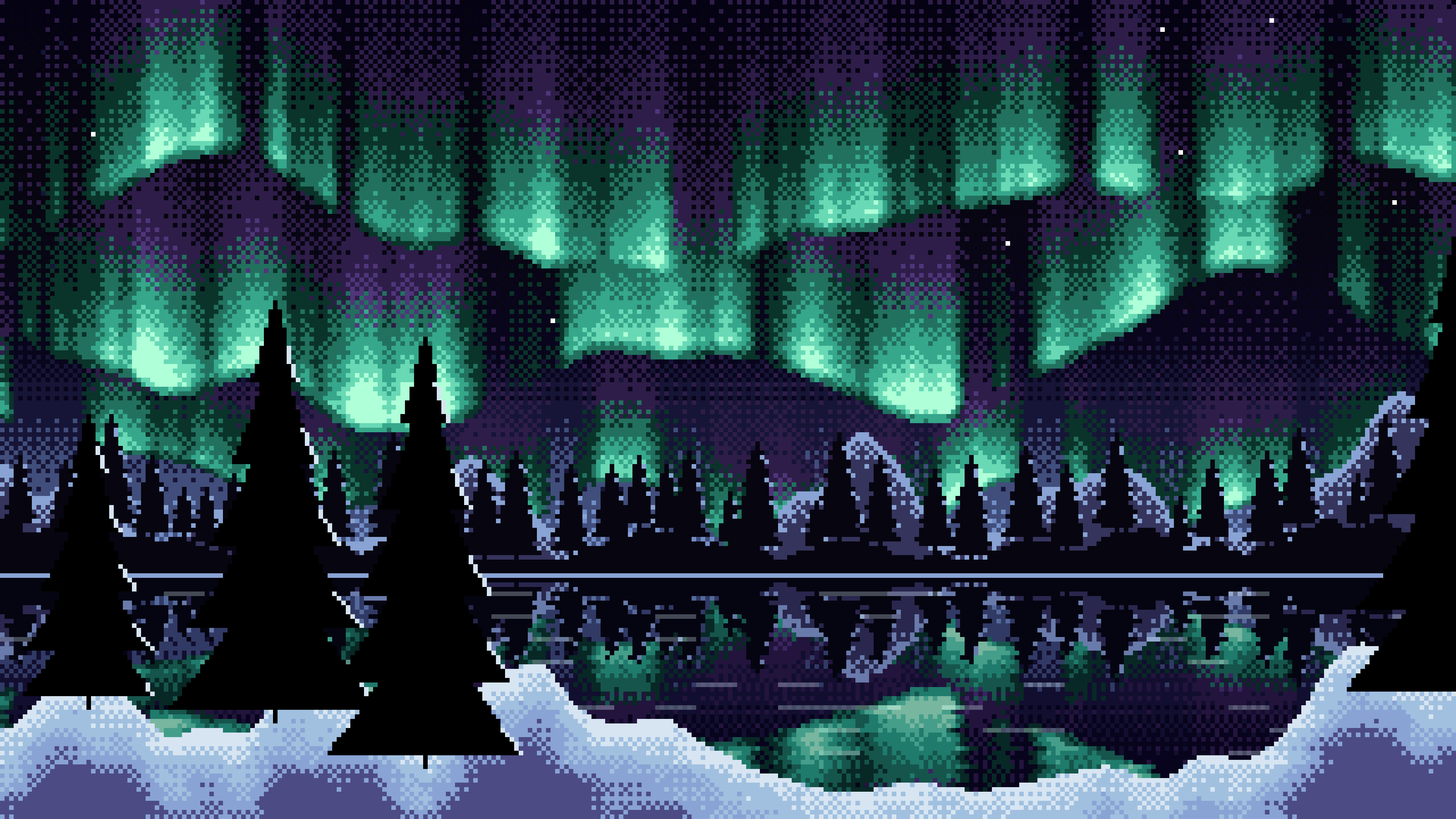 Black Pixel Art Northern Lights desktop wallpaper in 4K