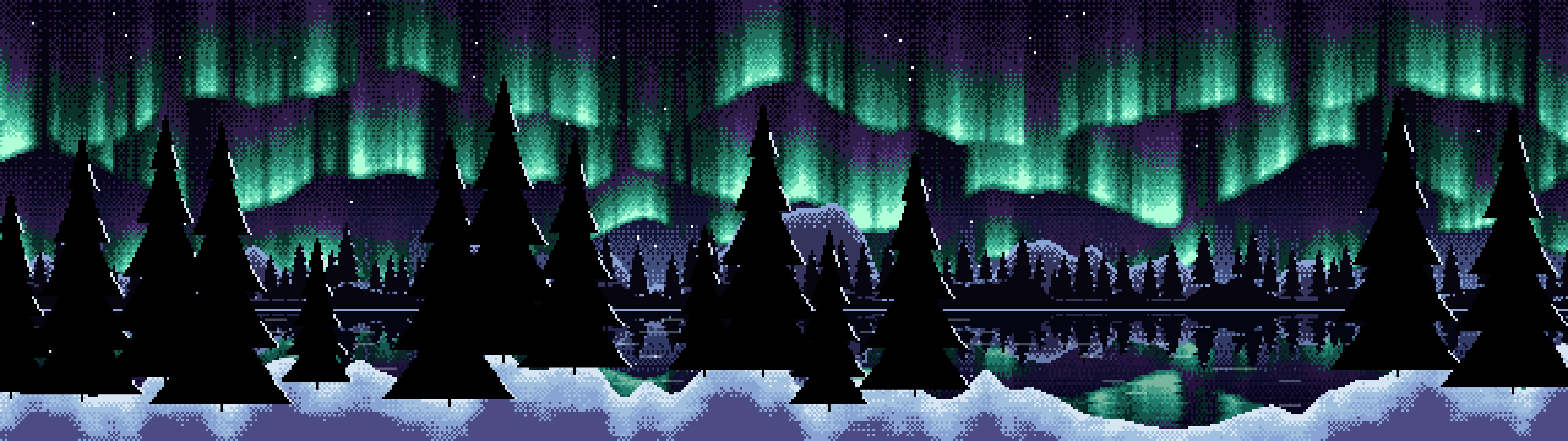 Black Pixel Art Northern Lights dual monitor wallpaper, 7680 × 2160