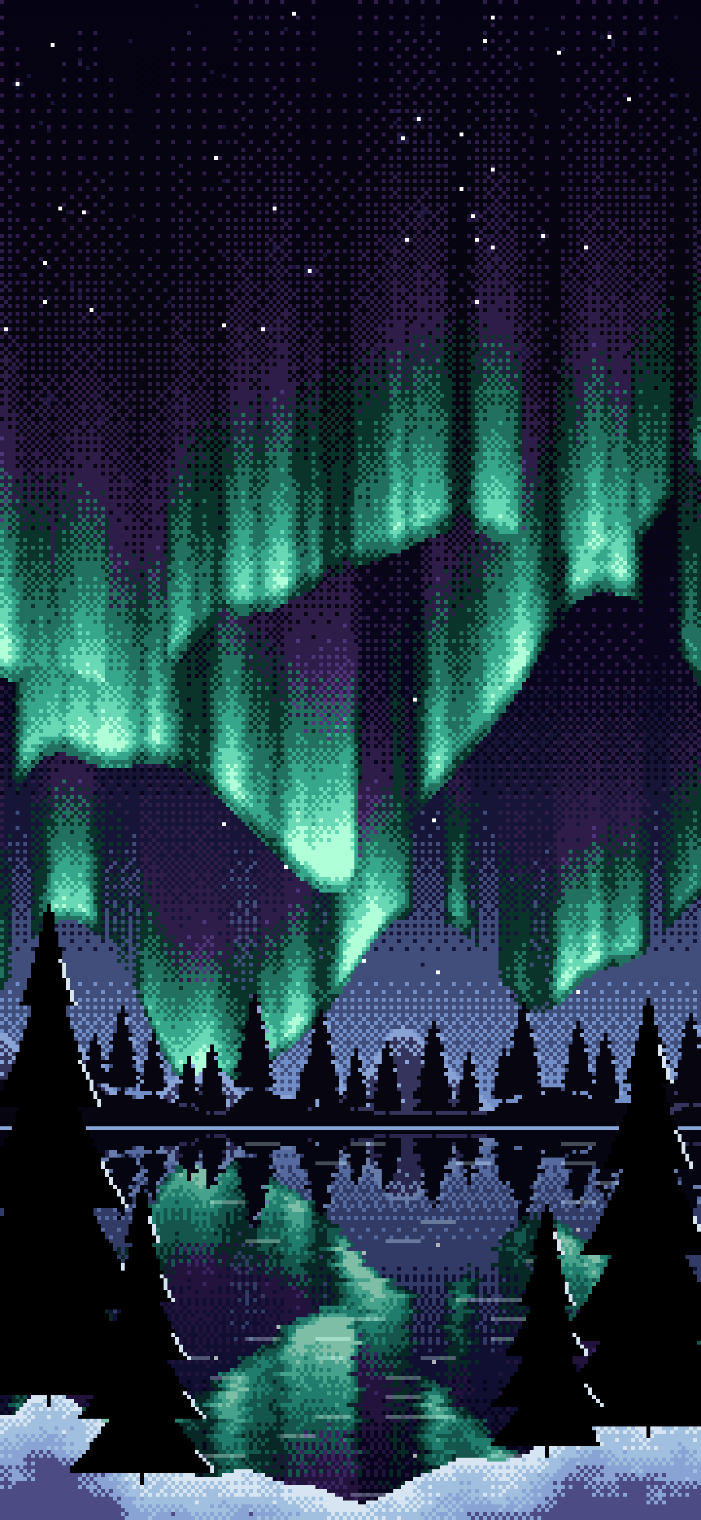 Black Pixel Art Northern Lights wallpaper for iPhone and Android