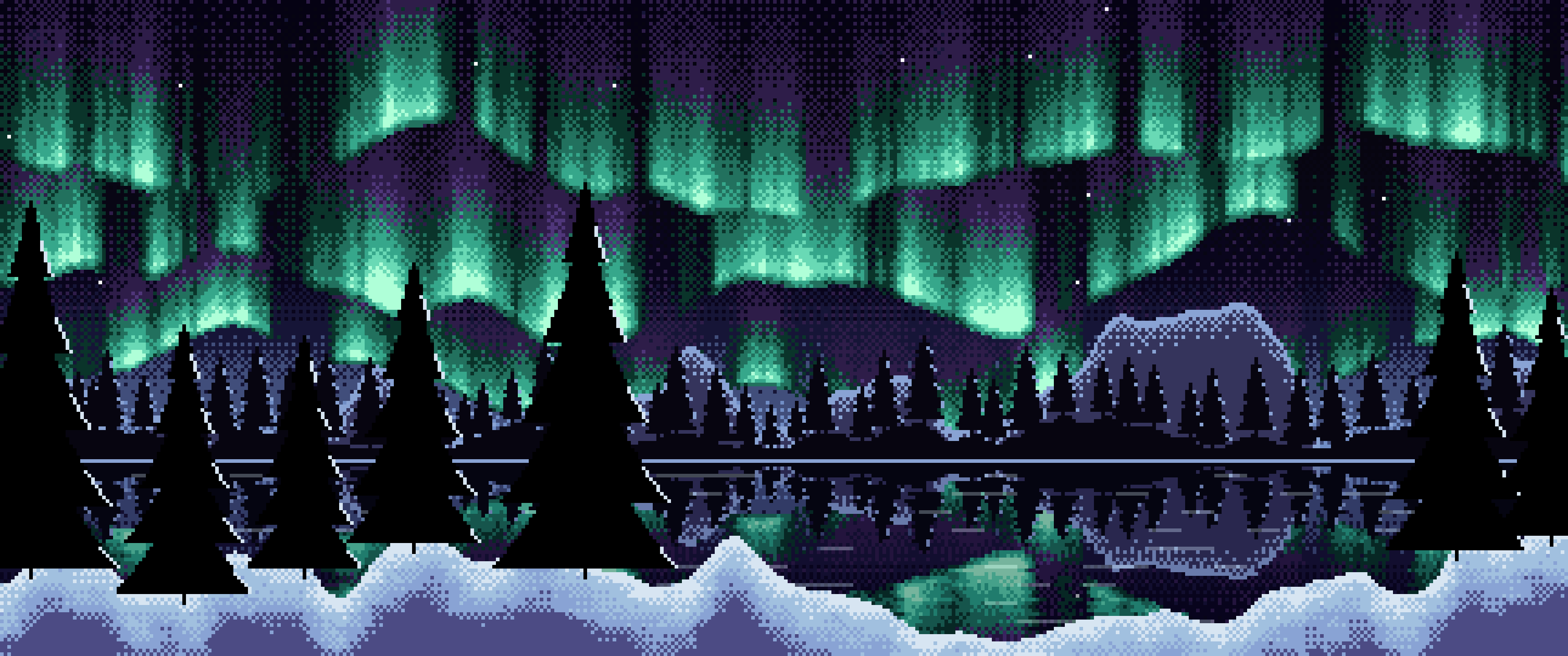 Black Pixel Art Northern Lights ultrawide wallpaper, 3440 × 1440